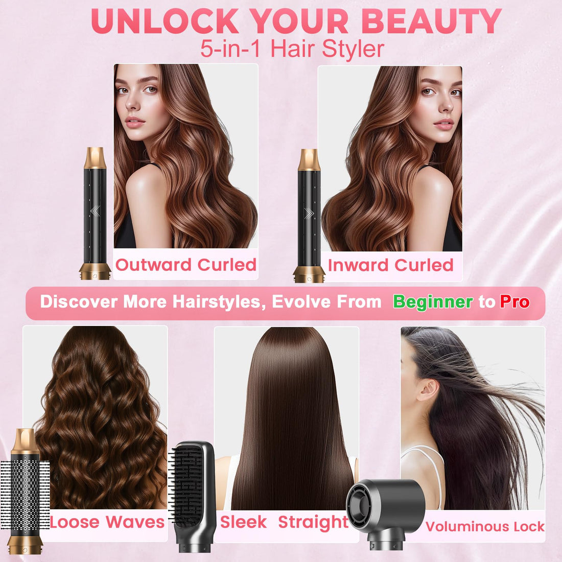 5 in 1 Hot Air Styler, Hair Dryer Brush with Auto Wrap Curlers, 3 Heat Settings, Fast Drying & Volumizing – Includes Curling Barrels & Straightening Comb (Charcoal) Halalzen