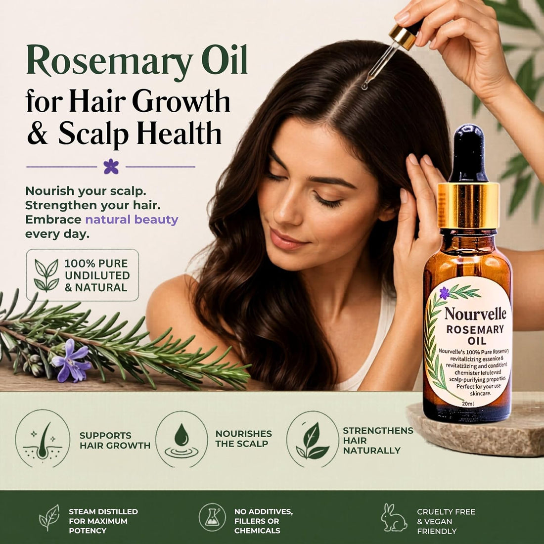 Pure Rosemary Essential Oil for Hair Growth & Scalp Health -100% Natural Undiluted Oil for Hair Loss, Skin Care & Aromatherapy - 20ml