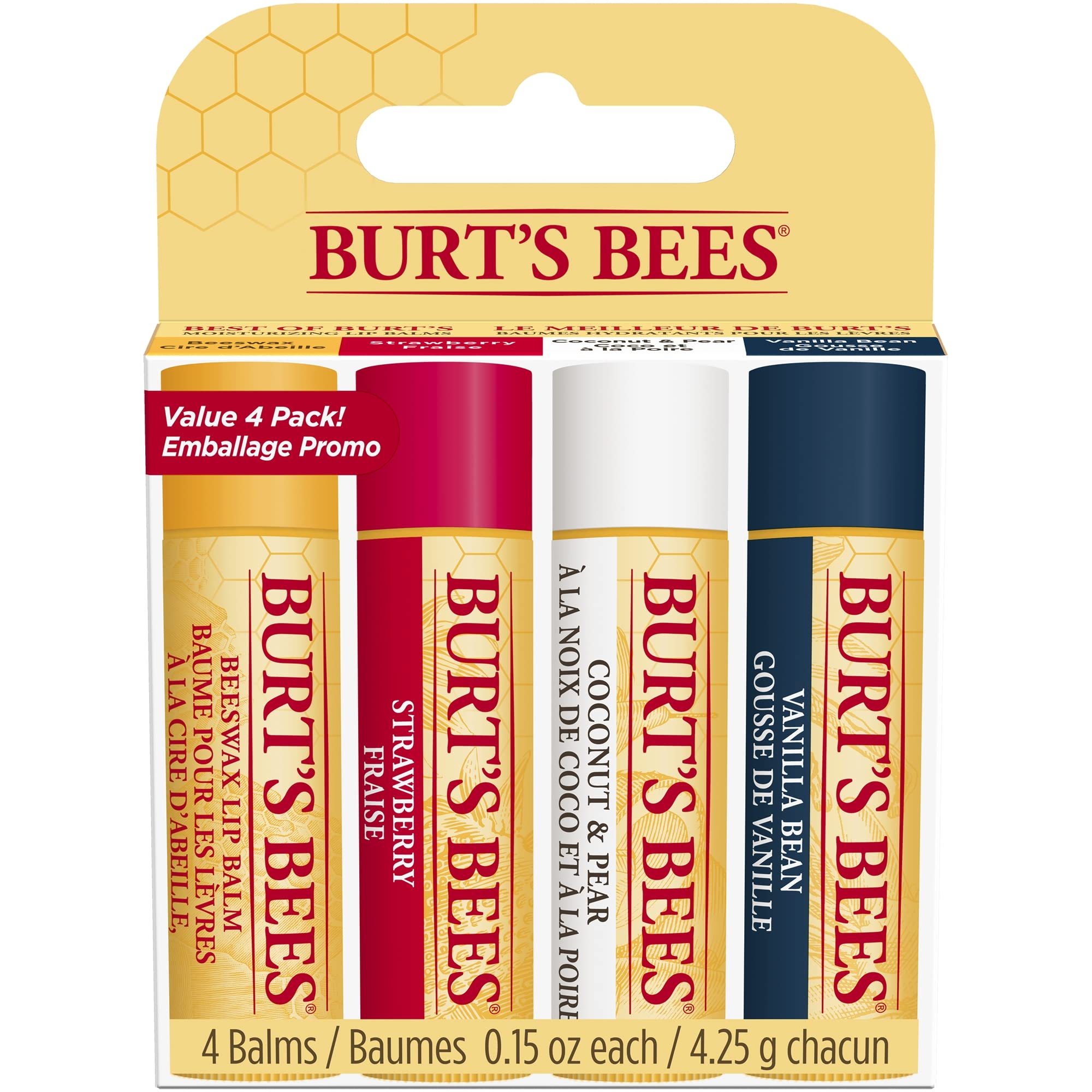 Burt's Bees Lip Balm Multipack, Lip Balm Set, Beeswax, Strawberry, Coconut & Pear, Vanilla Bean, Best of Burt's, 4x4.25g Halalzen