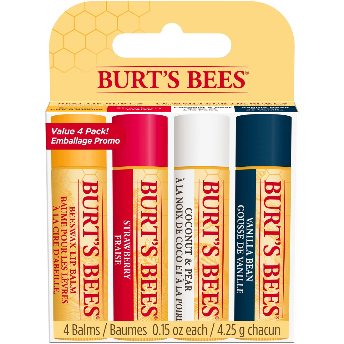 Burt's Bees Lip Balm Multipack, Lip Balm Set, Beeswax, Strawberry, Coconut & Pear, Vanilla Bean, Best of Burt's, 4x4.25g Halalzen