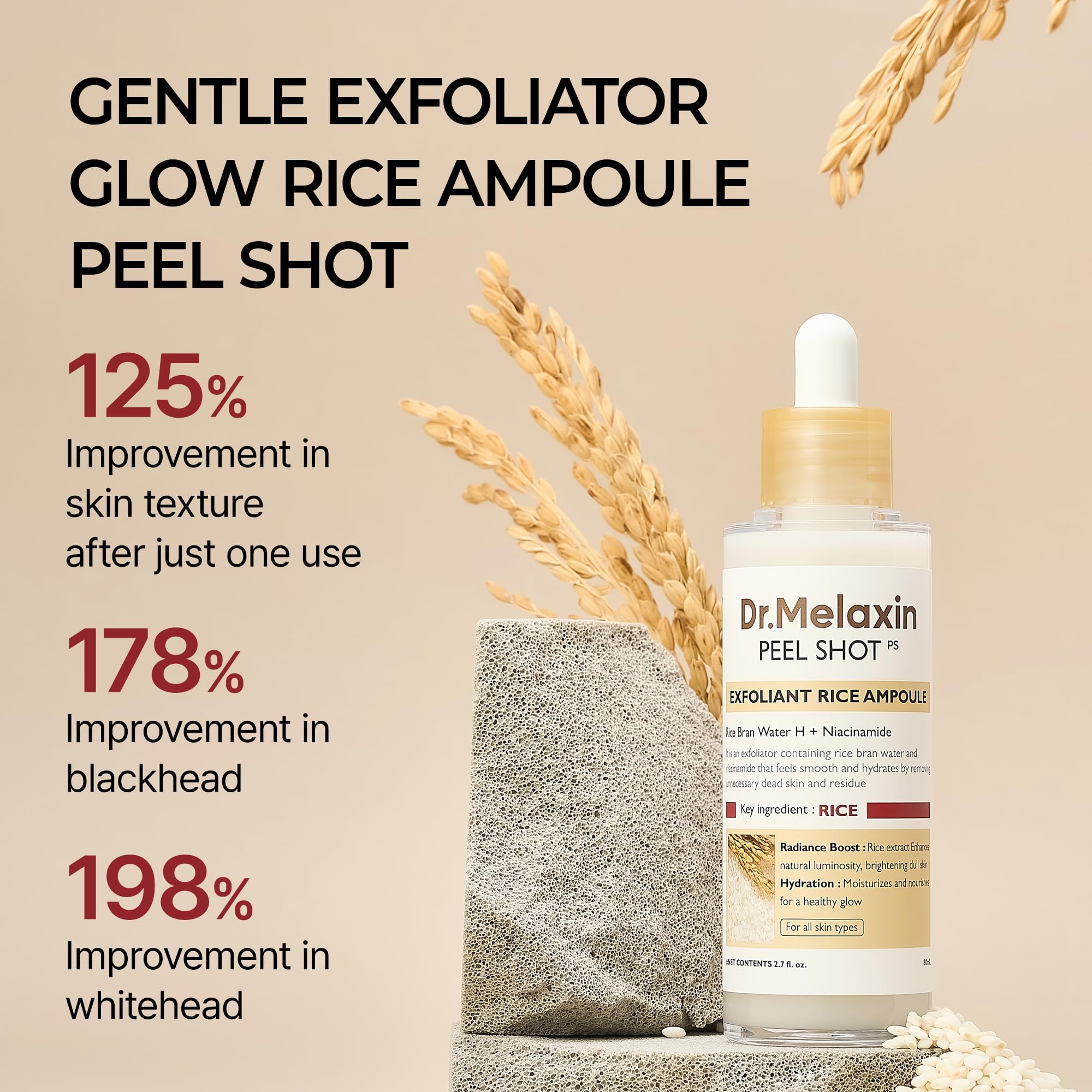 Dr.Melaxin Peel Shot Glow Black Rice Peeling Ampoule – AHA BHA Daily Chemical Exfoliant with Rice Water & Niacinamide, Glass Skin Texture for Dead Skin & Dull Complexion, Korean Skincare 2.7 fl.oz