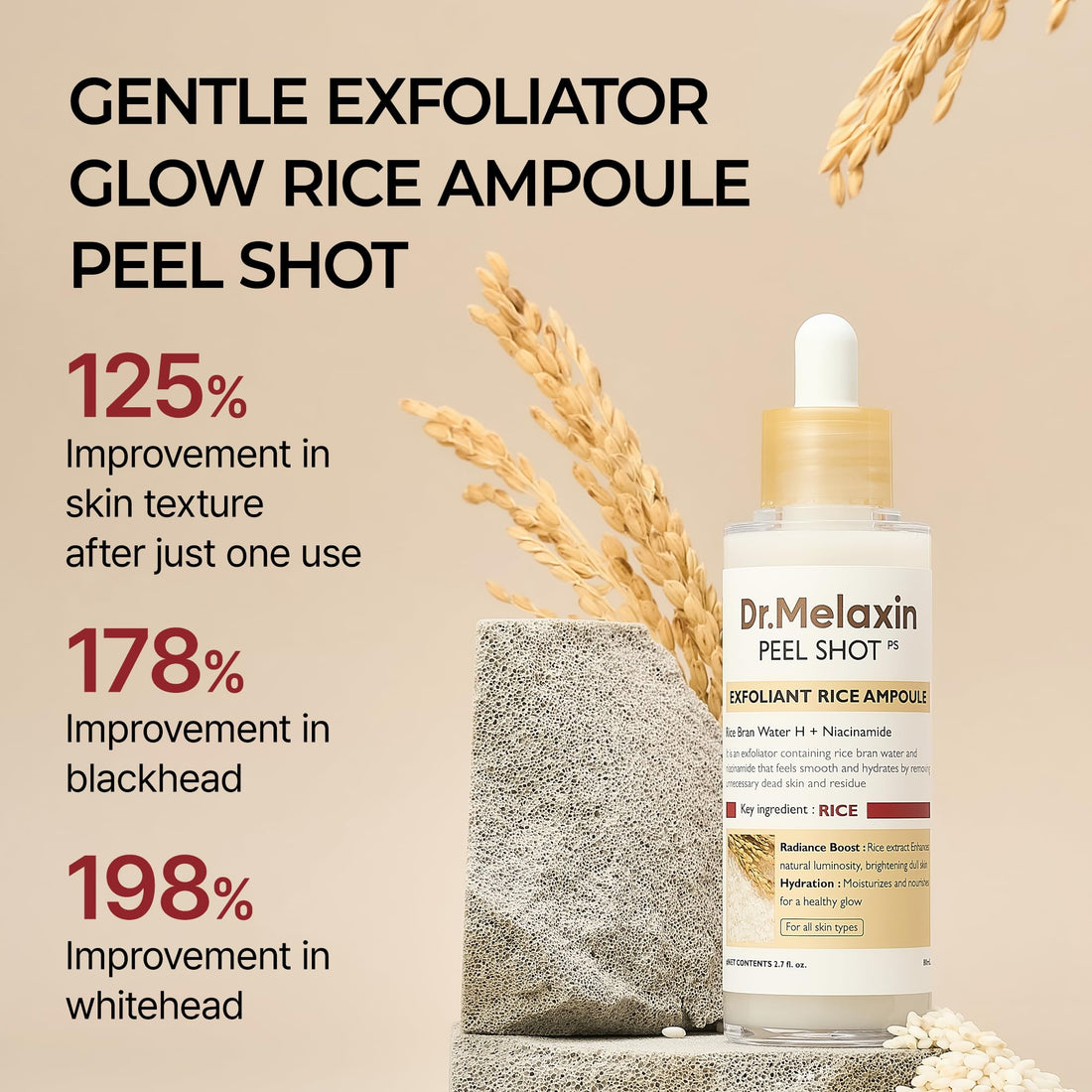 Dr.Melaxin Peel Shot Glow Black Rice Peeling Ampoule – AHA BHA Daily Chemical Exfoliant with Rice Water & Niacinamide, Glass Skin Texture for Dead Skin & Dull Complexion, Korean Skincare 2.7 fl.oz