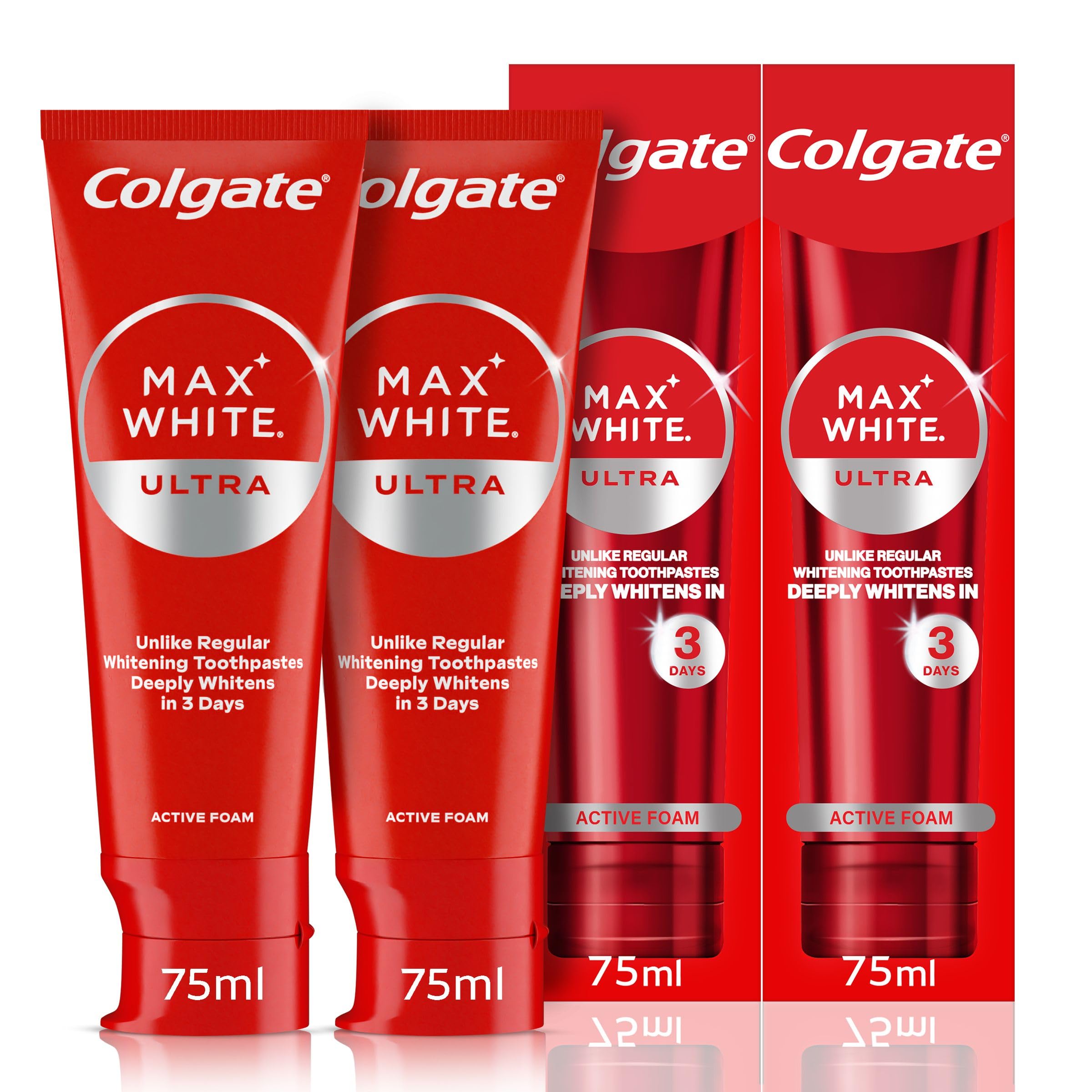 Colgate Max White Ultra+ Enamel Toothpaste 75ml, Whitens Deep Stains for 5X Whiter Teeth, ActiveShine Technology Smoothes Enamel Surface to Reflect Light, Protects and Remineralises Enamel