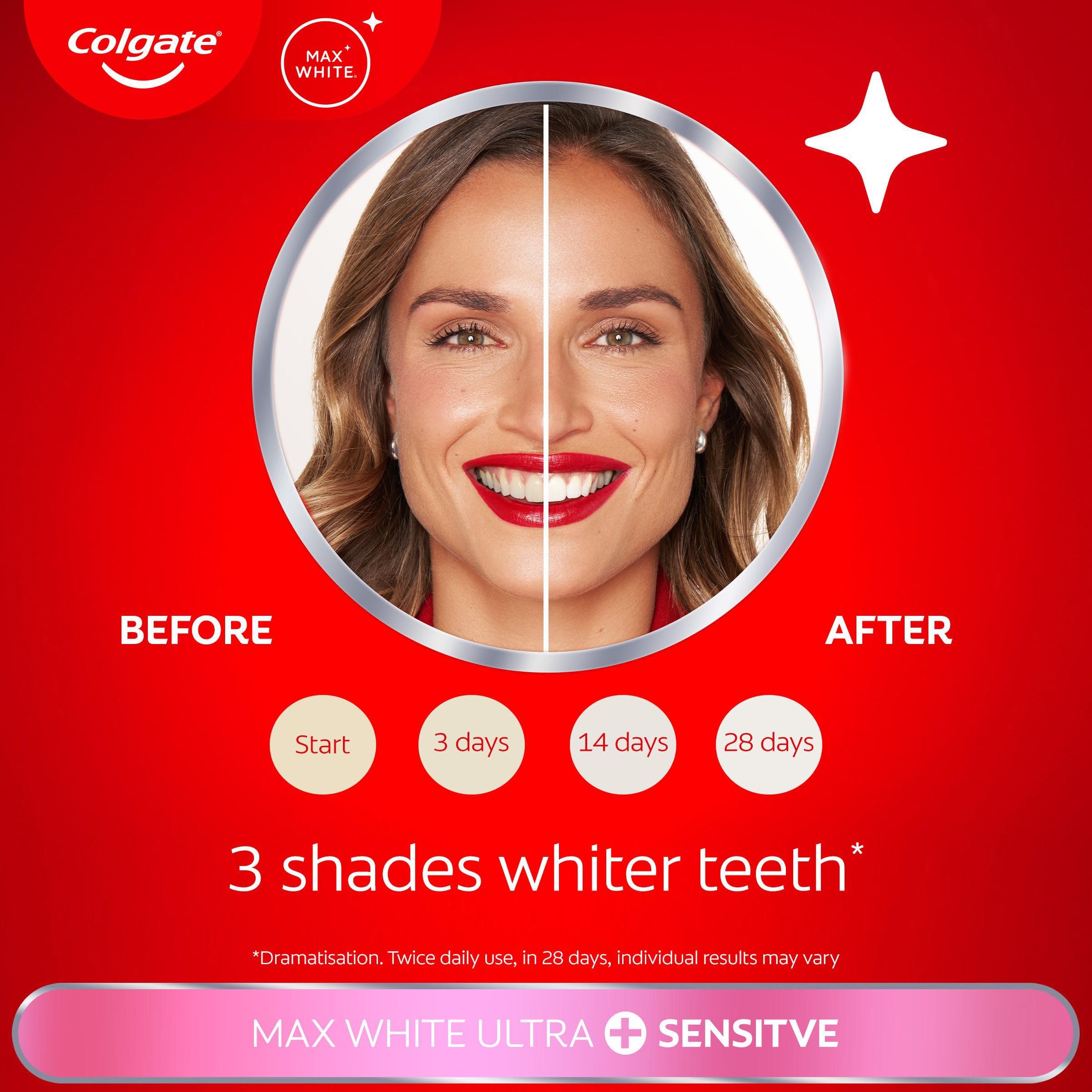 Colgate Max White Ultra+ Enamel Toothpaste 75ml, Whitens Deep Stains for 5X Whiter Teeth, ActiveShine Technology Smoothes Enamel Surface to Reflect Light, Protects and Remineralises Enamel