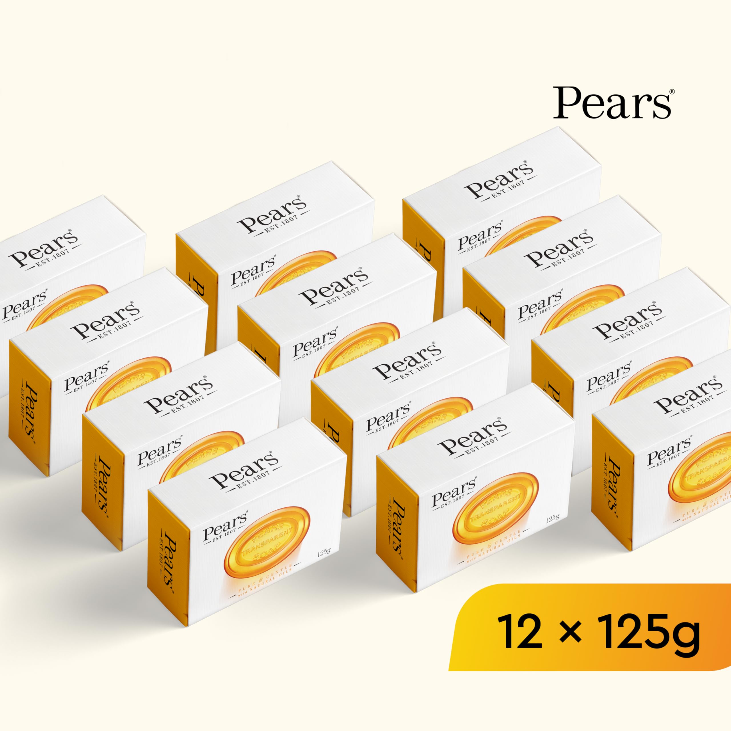 Pears Pure & Gentle Transparent Natural Soap Bar - Made with Mint Extracts, Nourishing and Refreshing Bathing Cleanser, Gentle & Soothing Skin Care, Pure Transparency, Pack of 12 x 125g Halalzen