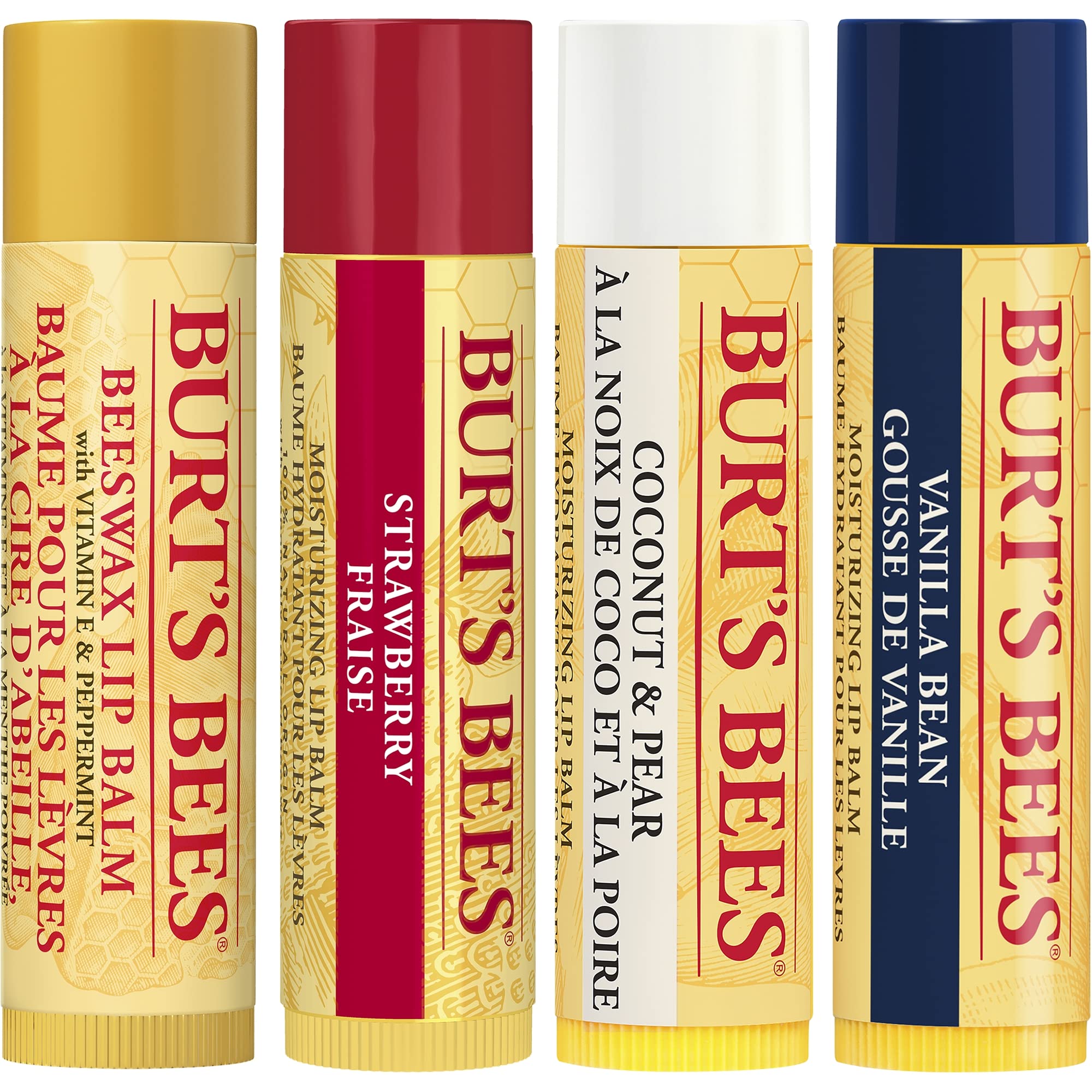 Burt's Bees Lip Balm Multipack, Lip Balm Set, Beeswax, Strawberry, Coconut & Pear, Vanilla Bean, Best of Burt's, 4x4.25g Halalzen