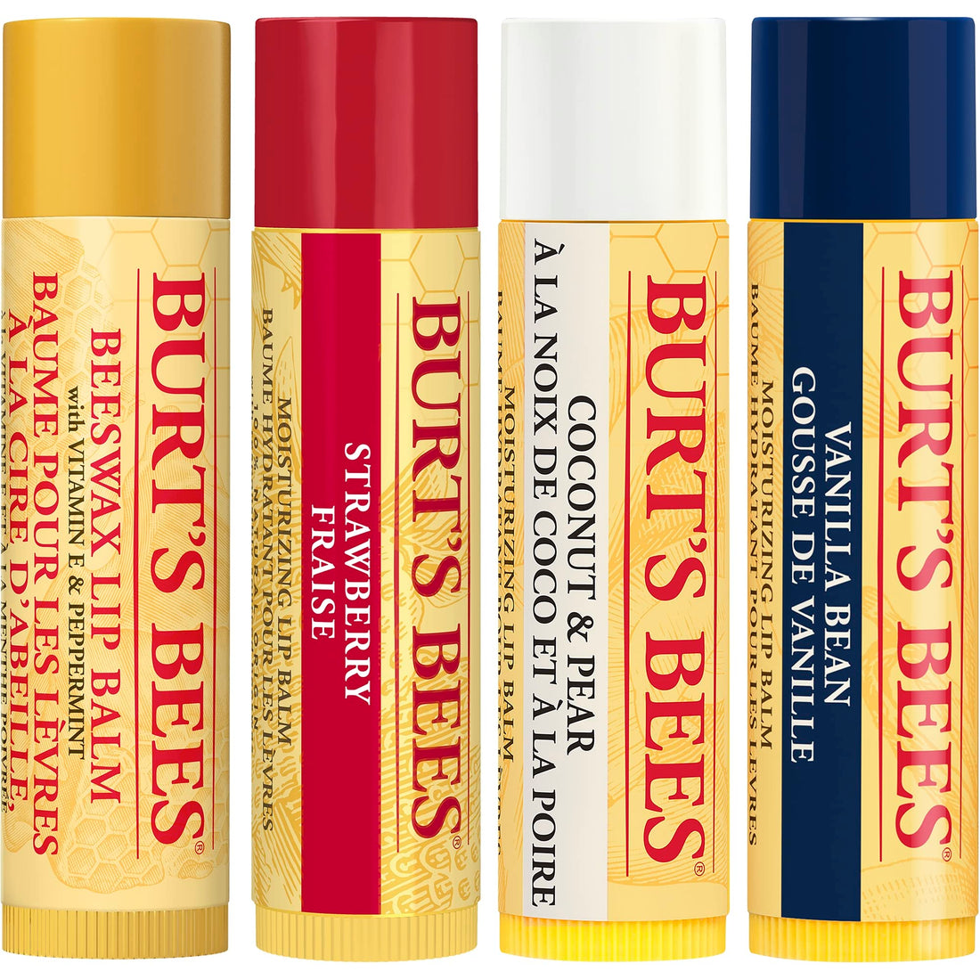 Burt's Bees Lip Balm Multipack, Lip Balm Set, Beeswax, Strawberry, Coconut & Pear, Vanilla Bean, Best of Burt's, 4x4.25g Halalzen