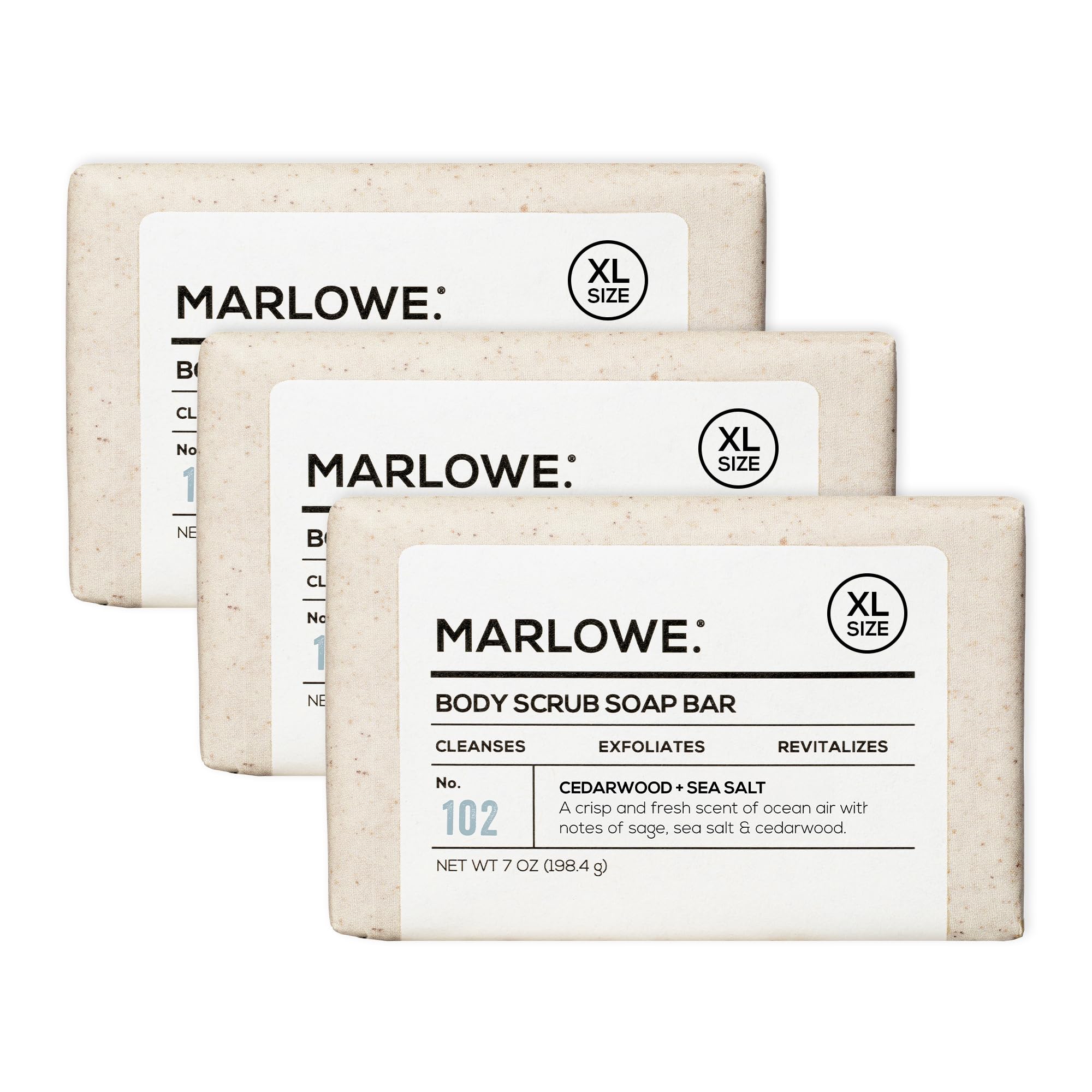 MARLOWE. No. 102 Body Scrub Soap 7 oz, Cedarwood & Sea Salt, Exfoliating Soap Bar with Shea Butter, Olive Oil & Green Tea Extracts, Cleanses, Smooths & Revitalizes Skin, Fresh & Zesty Scent