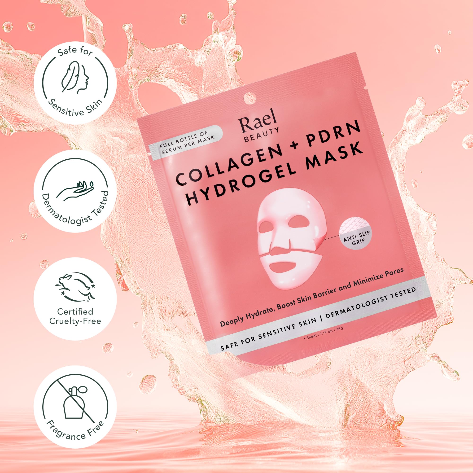 Rael Beauty Collagen + PDRN Face Masks - Korean Skincare for Glass Skin, Smoothing, Salmon PDRN & Hydrolyzed Collagen & Hyaluronic Acid, Anti-Slip Grip, Fragrance & PEGs & Cruelty Free (4 Sheets)