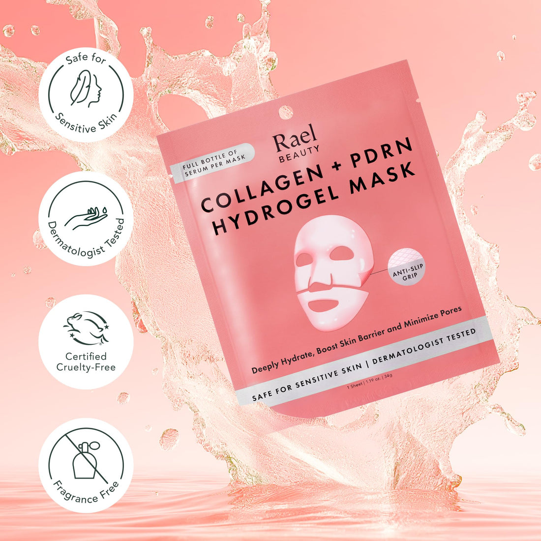 Rael Beauty Collagen + PDRN Face Masks - Korean Skincare for Glass Skin, Smoothing, Salmon PDRN & Hydrolyzed Collagen & Hyaluronic Acid, Anti-Slip Grip, Fragrance & PEGs & Cruelty Free (4 Sheets)