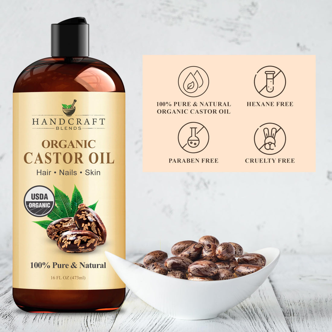 Handcraft Blends Huile de Ricin et Huile de Romarin 236 ml | 100% Pure et Naturelle | Huile Support de Qualité Supérieure | Cheveux, Cils et Sourcils | Cheveux et Corps