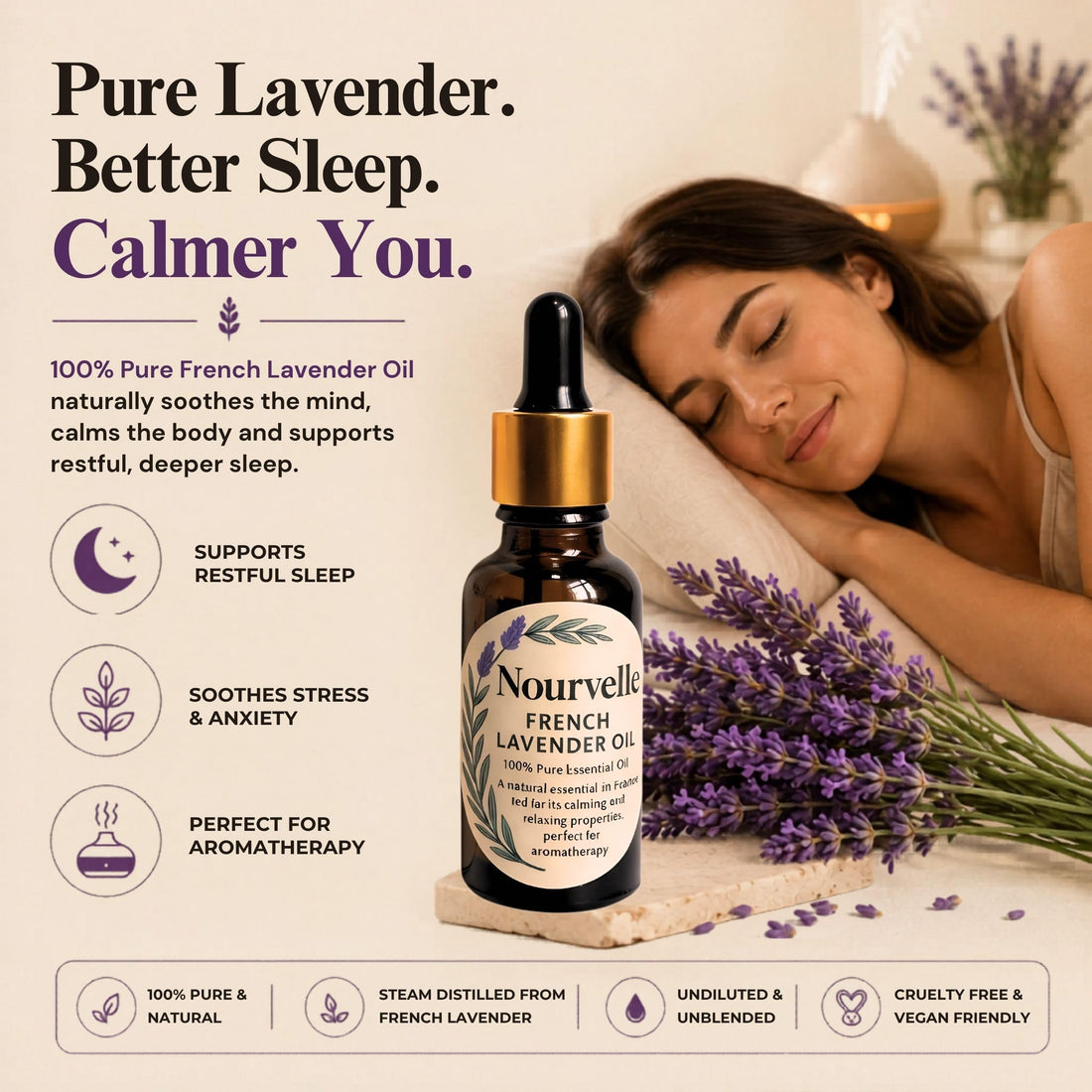 French Lavender Essential Oil 100% Pure & Natural – Lavandula Angustifolia – Aromatherapy Oil for Relaxation, Sleep, Stress & Anxiety Relief, Massage & Skin Care – 20ml