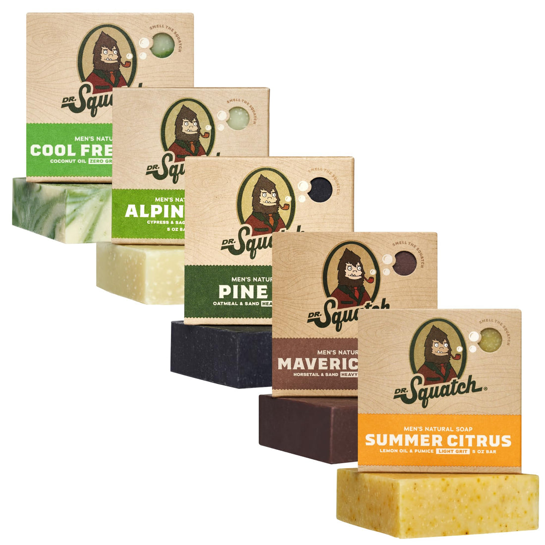 Dr. Squatch Natural Men’s Bar Soap - Cold Process Body Soap Bar with Natural Oils - Gifts for Men - Deep Sea Goat's Milk, Wood Barrel Bourbon, Rainforest Rapids, Alpine Sage & Bay Rum (5 oz, 5-Pack)