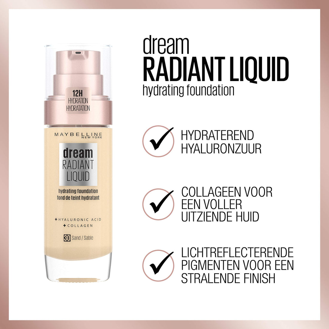 Maybelline Foundation, Dream Radiant Liquid Hydrating Foundation with Hyaluronic Acid and Collagen - Lightweight, Medium Coverage Up to 12 Hour Hydration, 30 Sand Halalzen