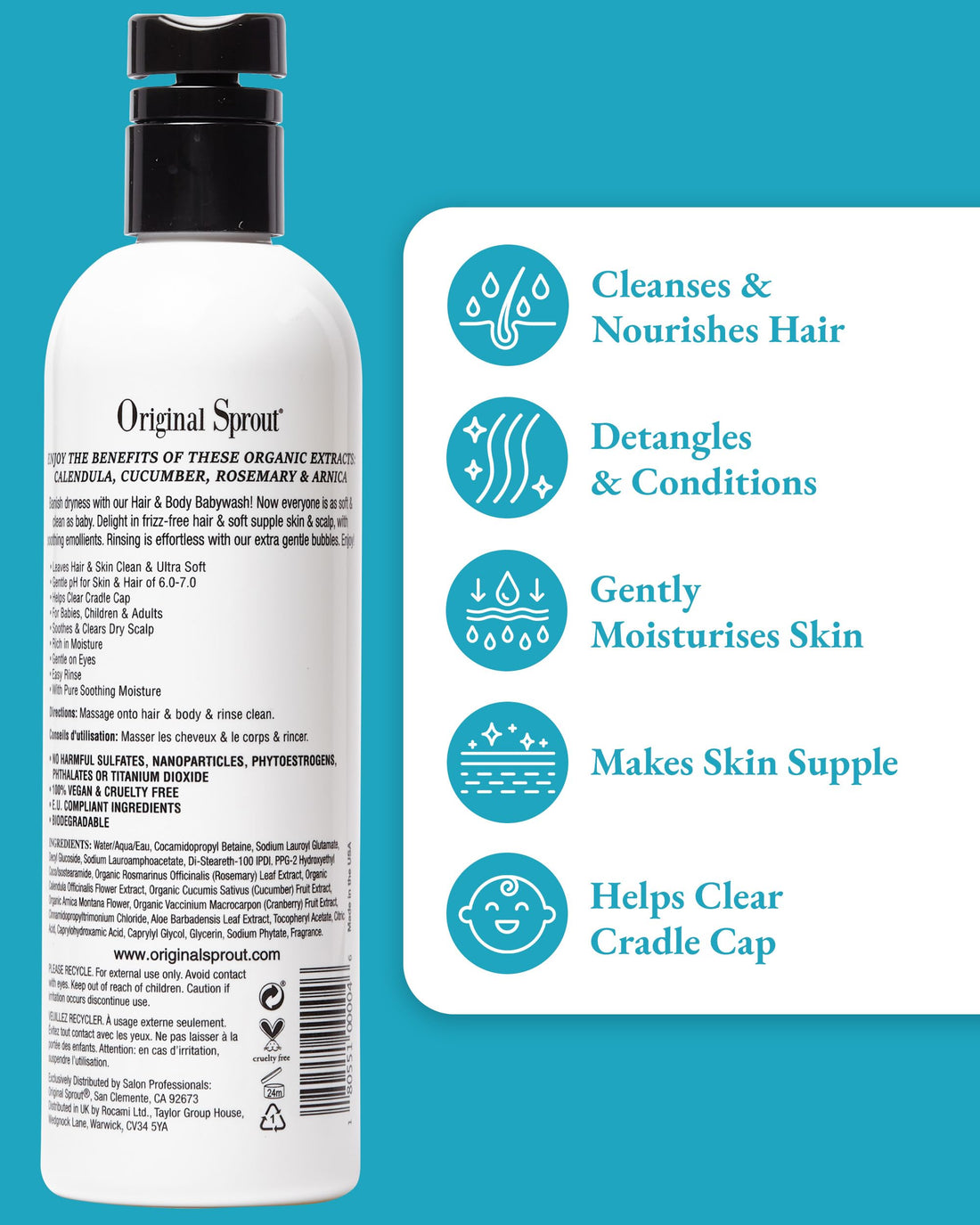 Kids Shampoo and Body Wash - Original Sprout Hair & Body Babywash - 2-in-1 Adults & Kids Bath Wash with Calendula, Rosemary, Arnica & Other Botanicals for Clean Hair & Supple Skin - 354ml