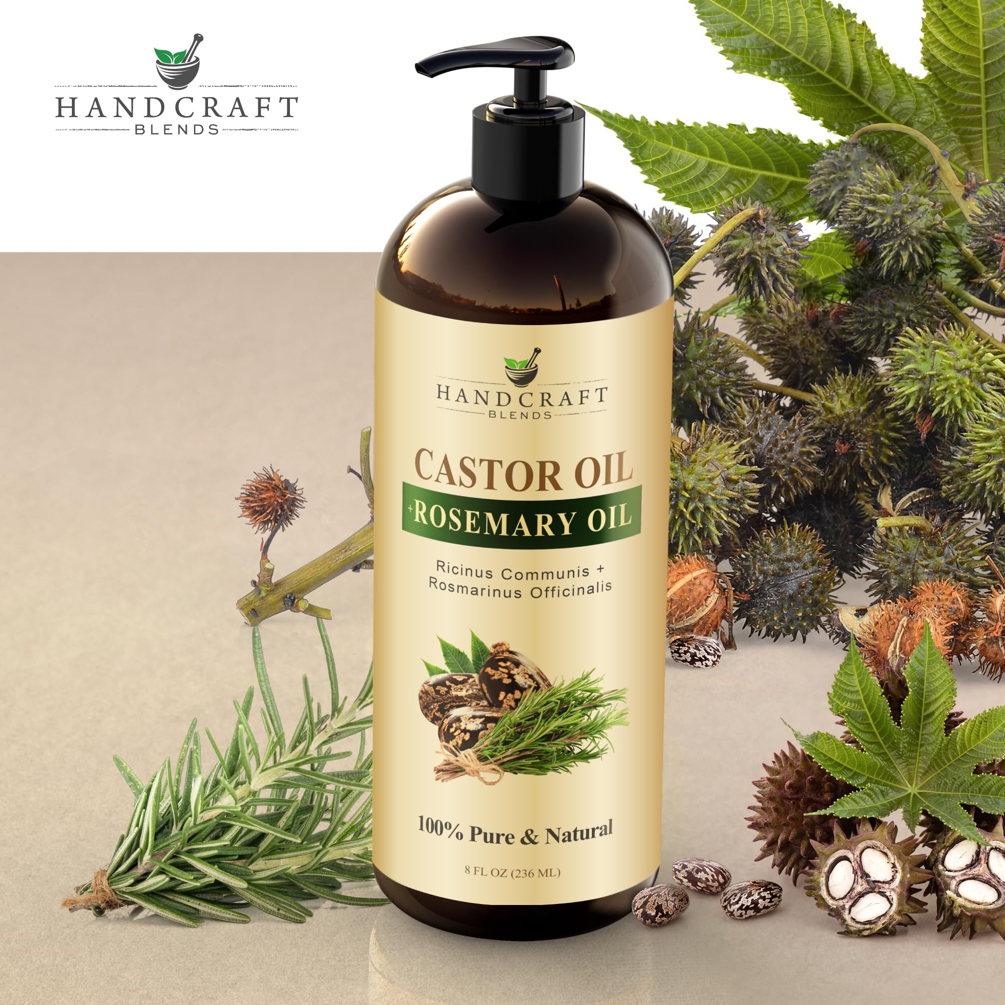 Handcraft Blends Huile de Ricin et Huile de Romarin 236 ml | 100% Pure et Naturelle | Huile Support de Qualité Supérieure | Cheveux, Cils et Sourcils | Cheveux et Corps