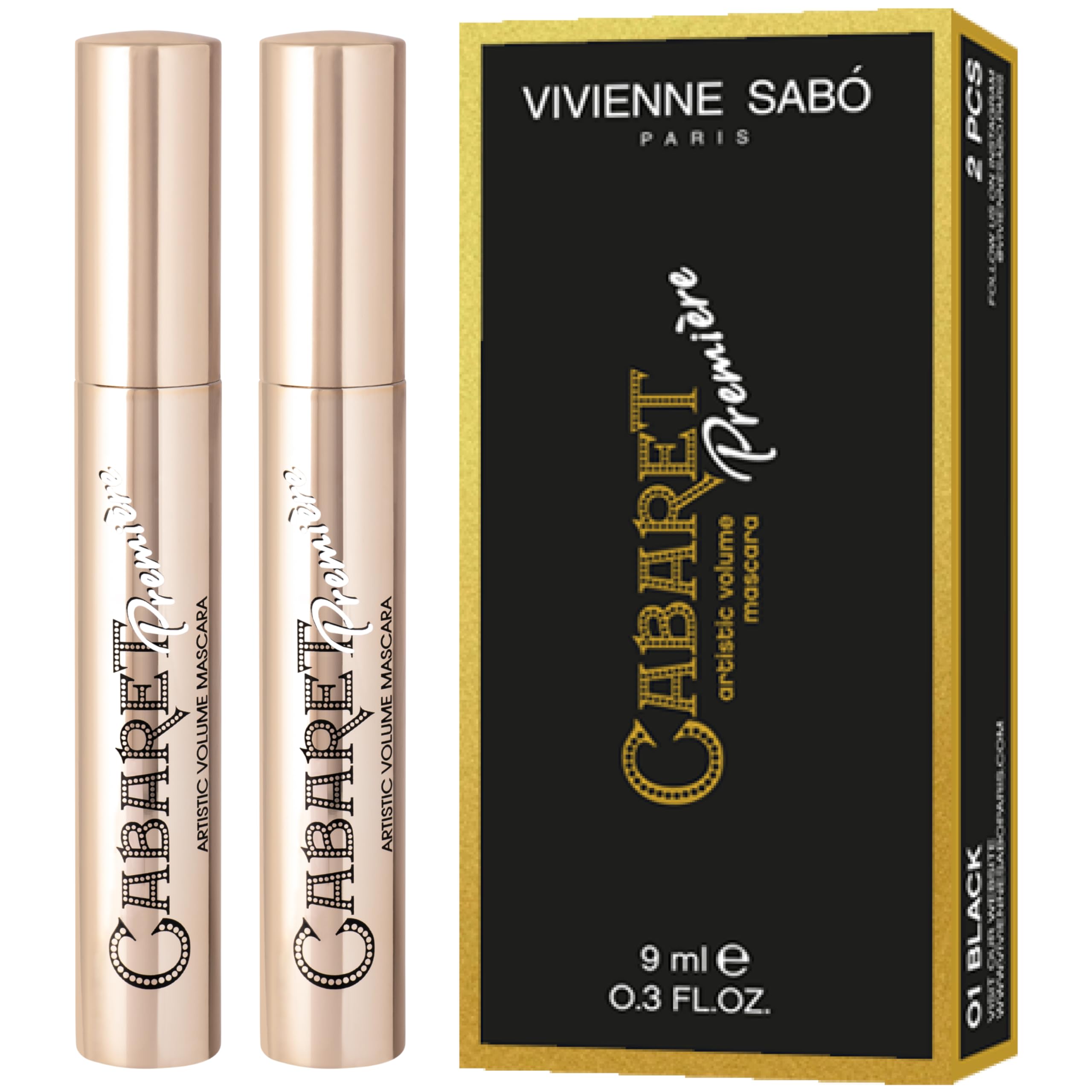 Vivienne Sabó Cabaret Premiere Black Mascara, Volume and Length, Defining, Curling, No Flaking, No Clumping, Smudge Proof, Washable, Cruelty-Free, Made in Europe, (01 Black), 0.3 Fl Oz, 1 Pack