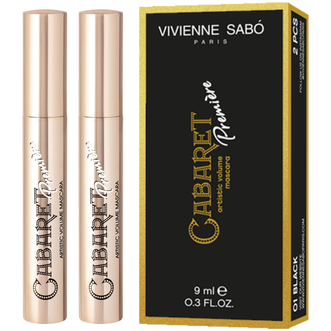 Vivienne Sabó Cabaret Premiere Black Mascara, Volume and Length, Defining, Curling, No Flaking, No Clumping, Smudge Proof, Washable, Cruelty-Free, Made in Europe, (01 Black), 0.3 Fl Oz, 1 Pack