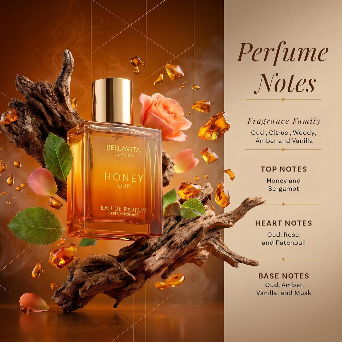 Bellavita Luxury Honey Oud Eau de Parfum | 100 ml (3.4 fl.oz.) | Perfume for Men and Women | Sweet Honey, Bergamot, Oud, & Amber Notes | Long Lasting Unisex Fragrance Halalzen