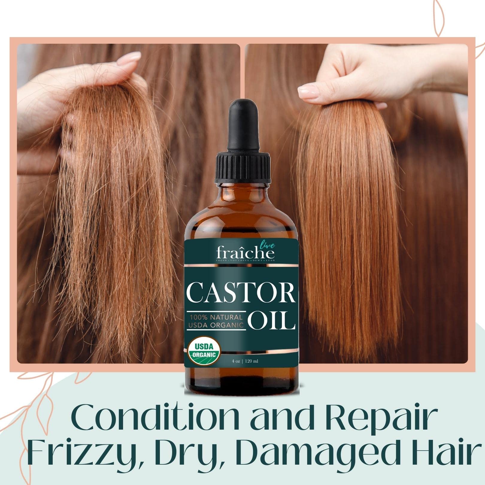 Live Fraiche Organic Castor Oil Lash Serum for Hair Growth, Eyebrow Eyelash Growth Serum, 100% Pure Cold Pressed Hexane Free (2oz Glass Bottle + FILLED Mascara Tube) Halalzen