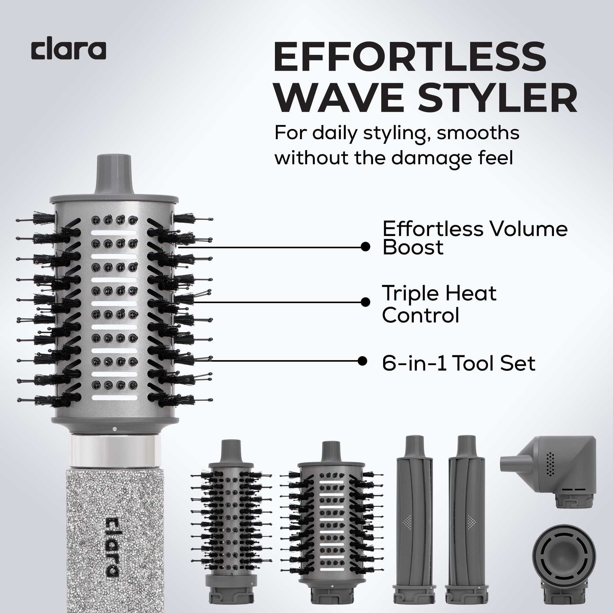 Clara 6-in-1 Gold Multi Styler with Auto-Wrap Curlers, Hair Dryer, & Brush (Round & Oval) for All Hair Types – 1500W Ionic Styling Tool for Frizz-Free Waves & Salon Blowouts Halalzen