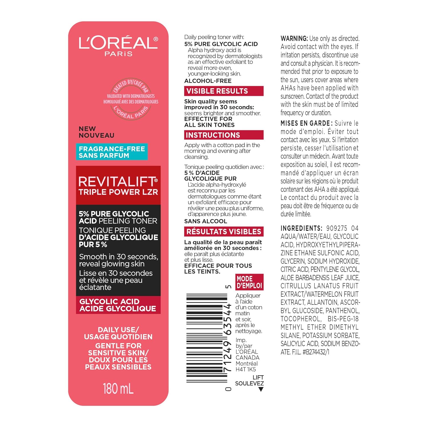 L'Oreal Paris Revitalift 5% Pure Glycolic Acid Peeling Toner with Aloe Vera, Alcohol Free, Fragrance Free 6 fl oz