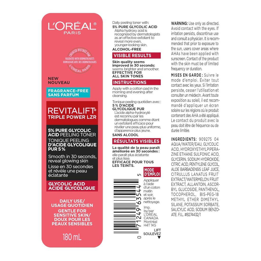 L'Oreal Paris Revitalift 5% Pure Glycolic Acid Peeling Toner with Aloe Vera, Alcohol Free, Fragrance Free 6 fl oz