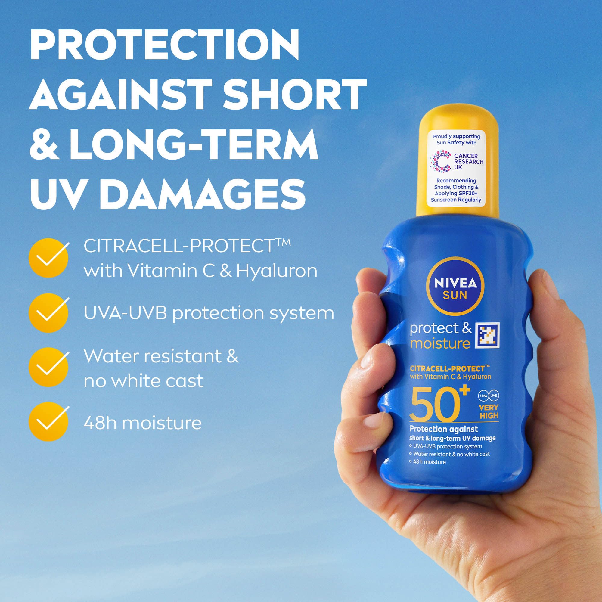NIVEA SUN Protect & Moisture Sun Spray SPF 50+ (200ml), Moisturising Suncream Spray with Vitamin C and Hyaluron, Immediate UVA/UVB Protection, Fast-Absorbing No White Cast Formula
