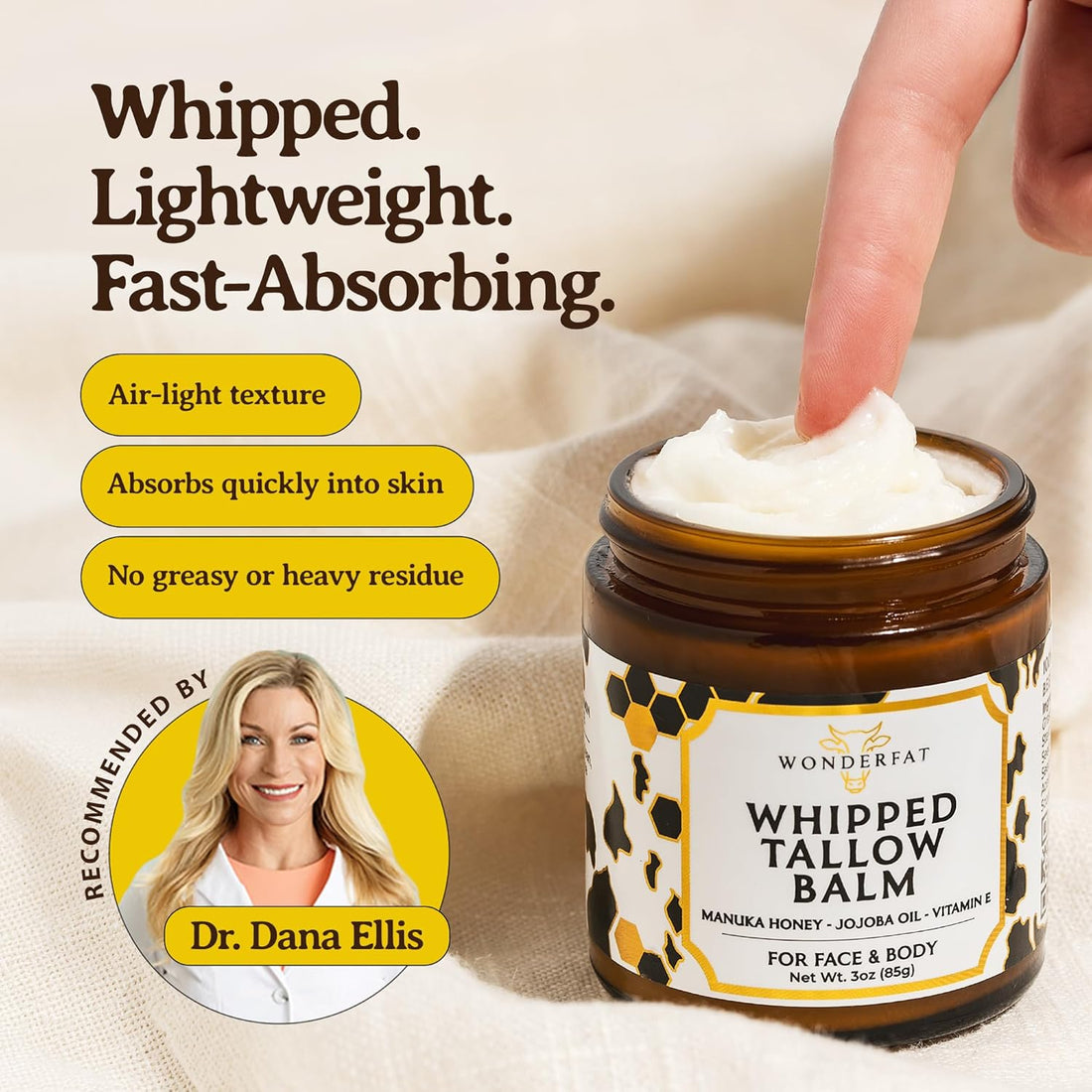 Grass-Fed Whipped Tallow Balm, Face and Body Moisturizer with Manuka Honey, Fragrance Free Tallow Moisturizer for Sensitive Skin, Beef tallow for skin, Lightweight Tallow Cream, 3 oz