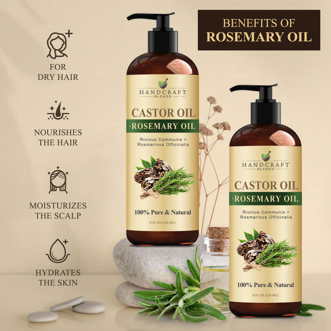 Handcraft Blends Huile de Ricin et Huile de Romarin 236 ml | 100% Pure et Naturelle | Huile Support de Qualité Supérieure | Cheveux, Cils et Sourcils | Cheveux et Corps
