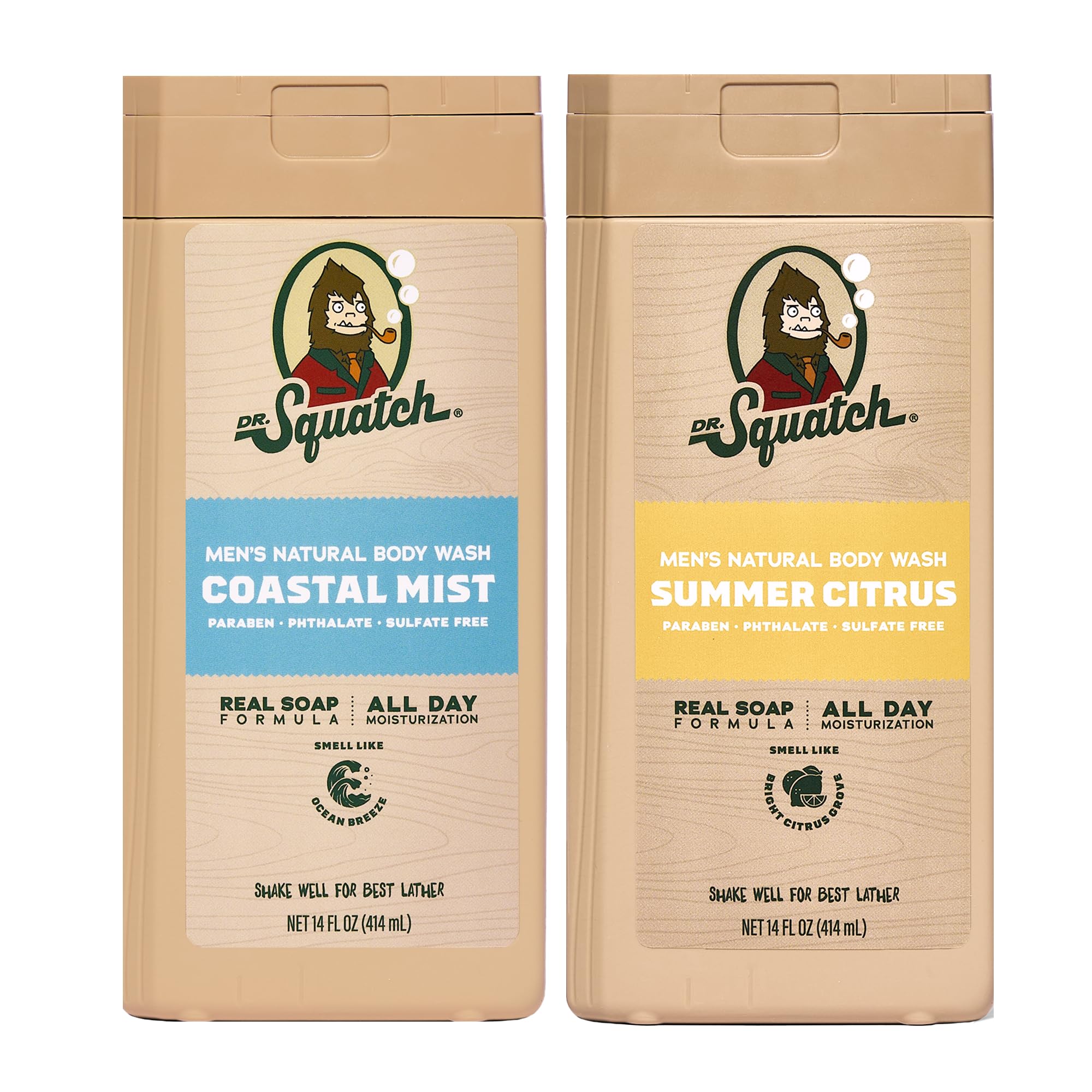 Dr. Squatch Natural Men's Body Wash Shower Gel - Cleansing, Nourishing, Long Lasting Scent, Moisturizing Body Wash for Men - Coconut Castaway + Wood Barrel Bourbon (14 oz, 2-Pack)