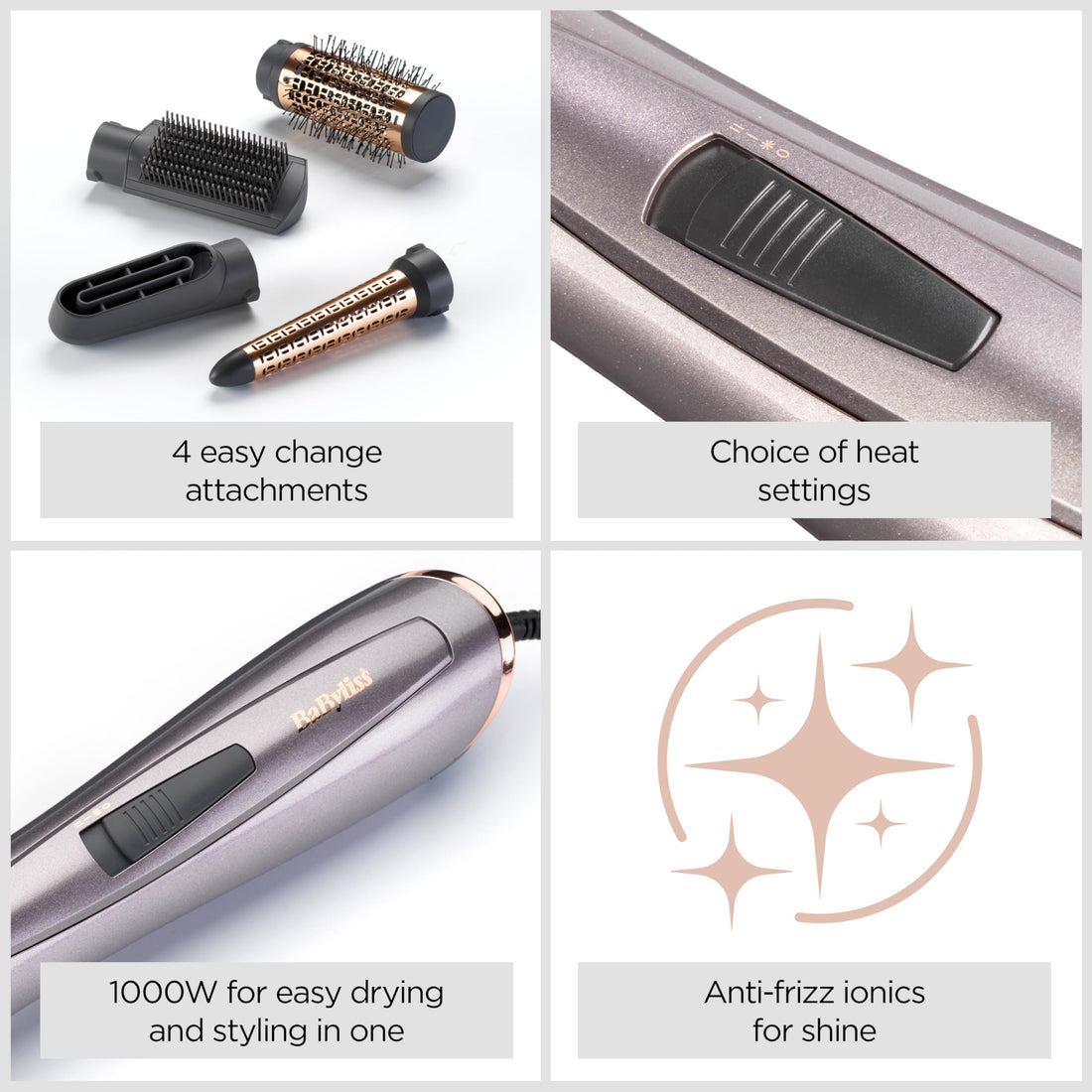 BaByliss Air Styler 1000W - All in One Hair Dryer Brush, Volumiser and Curler, Advanced Ionic Frizz-Control System, 4 Attachments, Copper/Grey, 2136U Halalzen