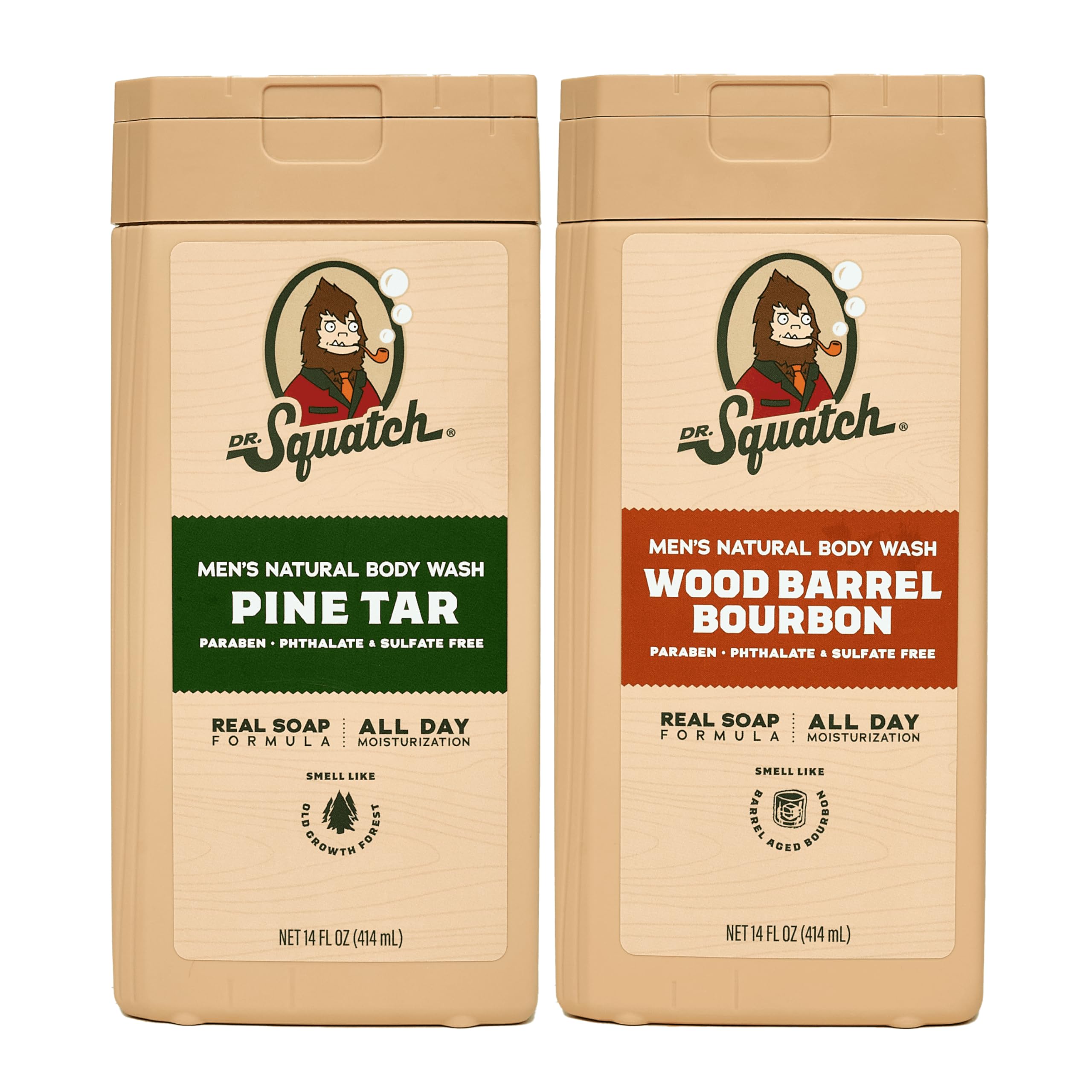 Dr. Squatch Natural Men's Body Wash Shower Gel - Cleansing, Nourishing, Long Lasting Scent, Moisturizing Body Wash for Men - Coconut Castaway + Wood Barrel Bourbon (14 oz, 2-Pack)