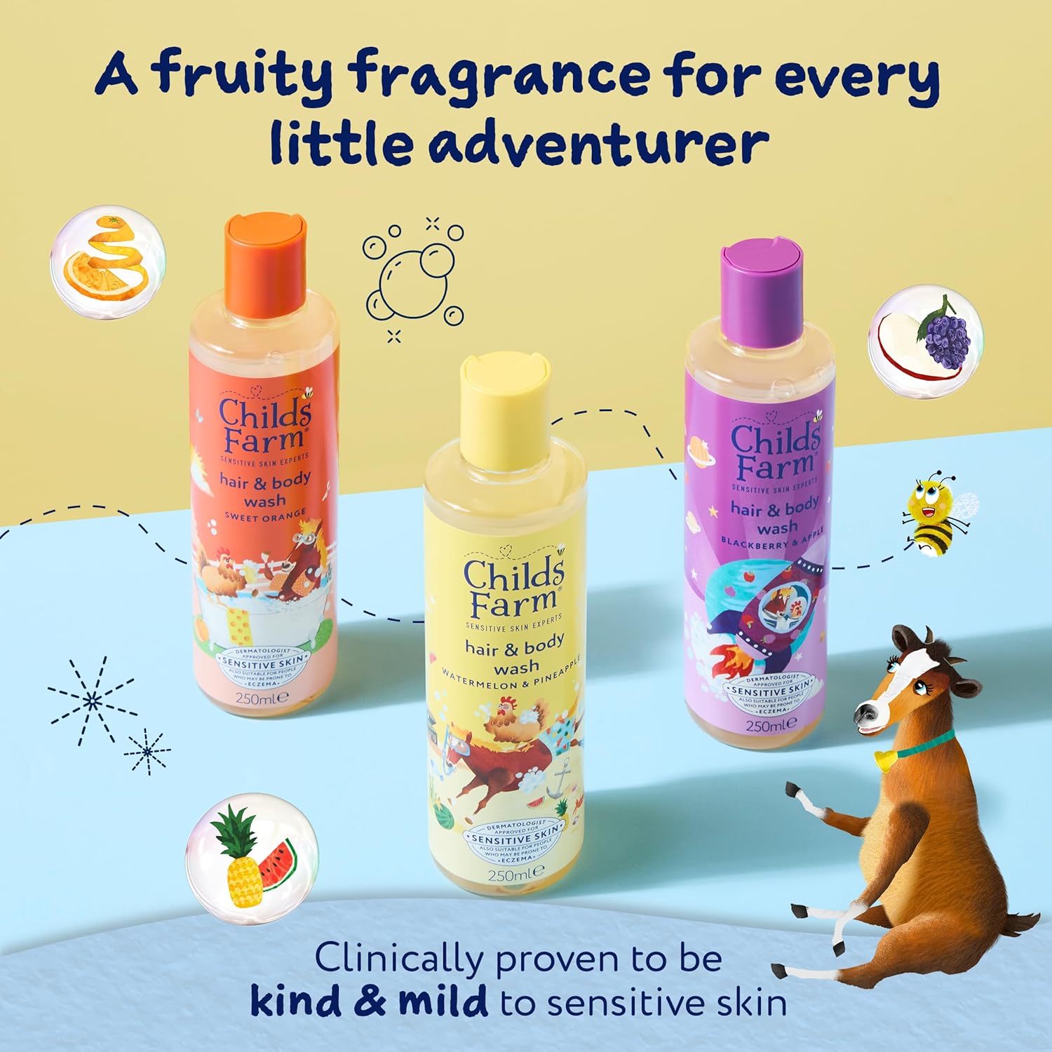 Childs Farm Hair & Body Wash Bundle | Sweet Orange (250ml), Blackberry & Apple (250ml) and Watermelon & Pineapple (250ml) | Suitable for Newborns, Kids & Adults with Sensitive, Dry & Eczema-Prone Skin