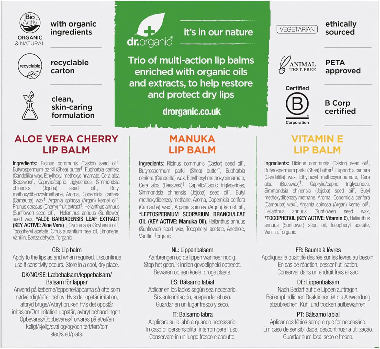 Dr Organic - Assorted Lip Balm Trio - SPF 15 Protection - Vitamin E, Aloe Vera Cherry & Manuka - Vegetarian, Cruelty, Paraben & SLS Free - 5.7ml - 3 Pack Halalzen