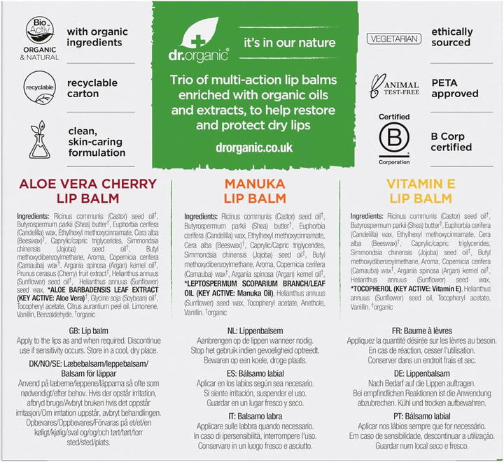 Dr Organic - Assorted Lip Balm Trio - SPF 15 Protection - Vitamin E, Aloe Vera Cherry & Manuka - Vegetarian, Cruelty, Paraben & SLS Free - 5.7ml - 3 Pack