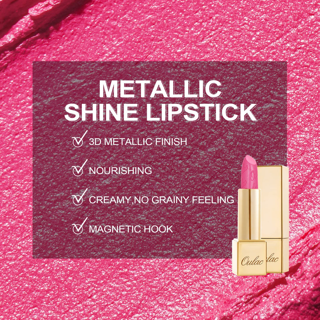 OULAC Metallic Shine Glitter Lipstick, Pink High Impact Lipcolor, Lightweight Soft and Ultra Hydrating, Long Lasting, Vegan & Cruelty-Free, Full-Coverage Lip Color 4.3 g/0.15 HIP & HIPPIE(11) Halalzen