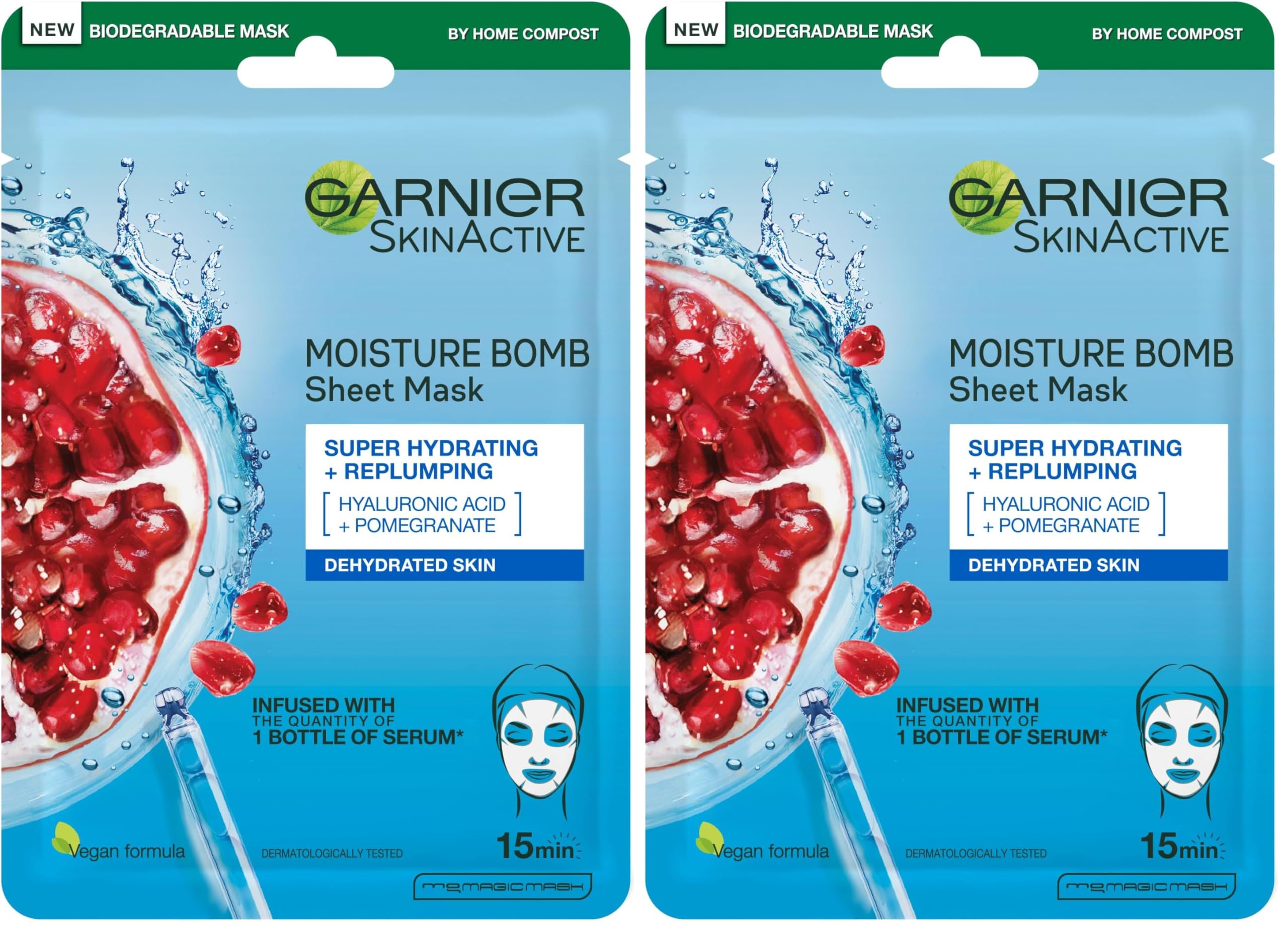 Garnier Moisture Bomb Pomegranate and Hyaluronic Acid Sheet Mask, Super Hydrating & Replumping Face Mask, For Dehydrated Skin, Vegan Tissue Mask, 28g