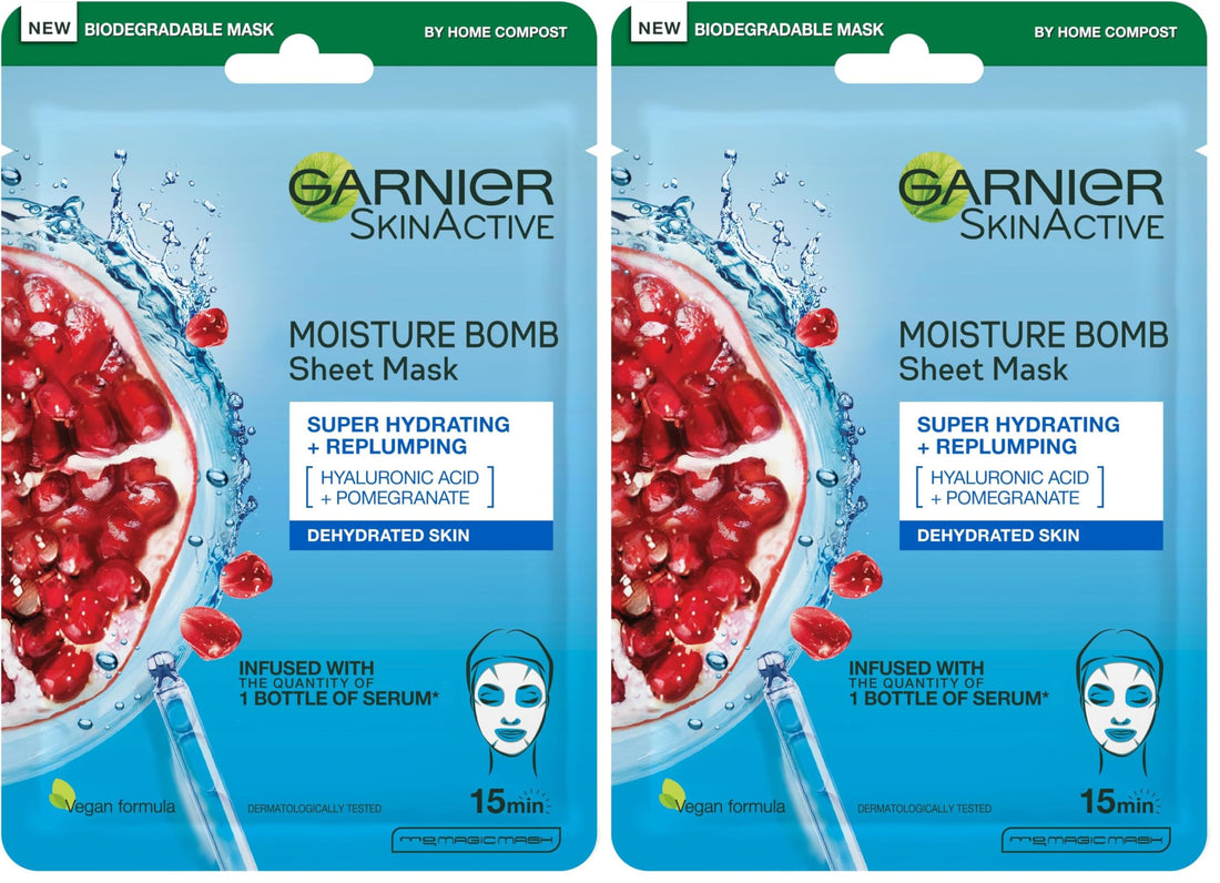 Garnier Moisture Bomb Pomegranate and Hyaluronic Acid Sheet Mask, Super Hydrating & Replumping Face Mask, For Dehydrated Skin, Vegan Tissue Mask, 28g