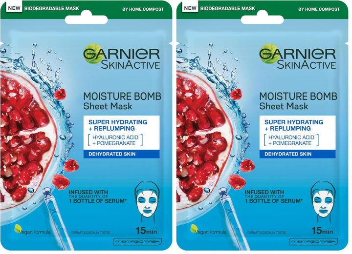 Garnier Moisture Bomb Pomegranate and Hyaluronic Acid Sheet Mask, Super Hydrating & Replumping Face Mask, For Dehydrated Skin, Vegan Tissue Mask, 28g Halalzen