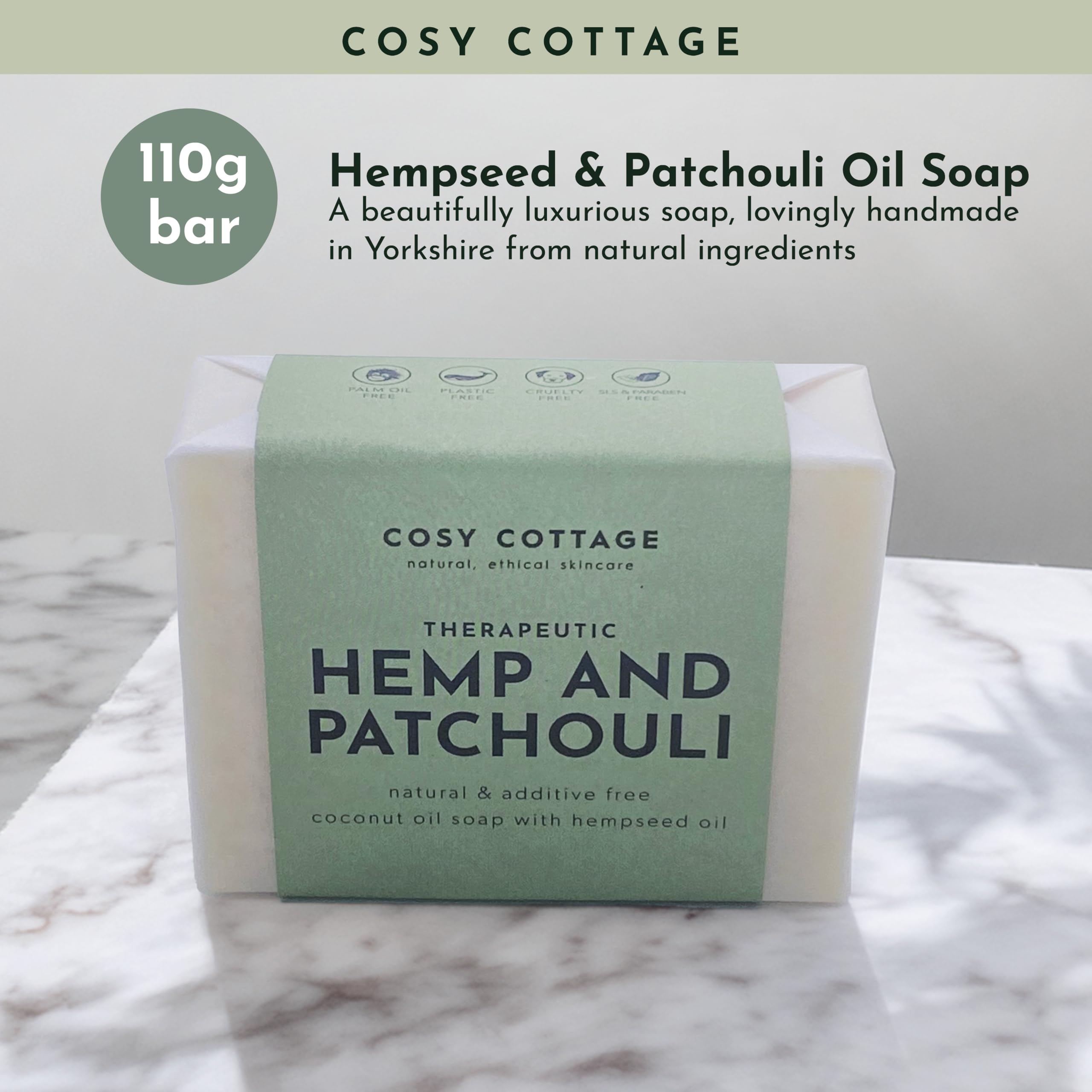 Cosy Cottage Therapeutic Hempseed & Patchouli Oil Soap Bar – 110g | Handmade, Natural & Moisturising Cleanser | Plastic Free, Palm Oil Free, SLS Free | Shower & Bath Soap | Gift for Women Halalzen