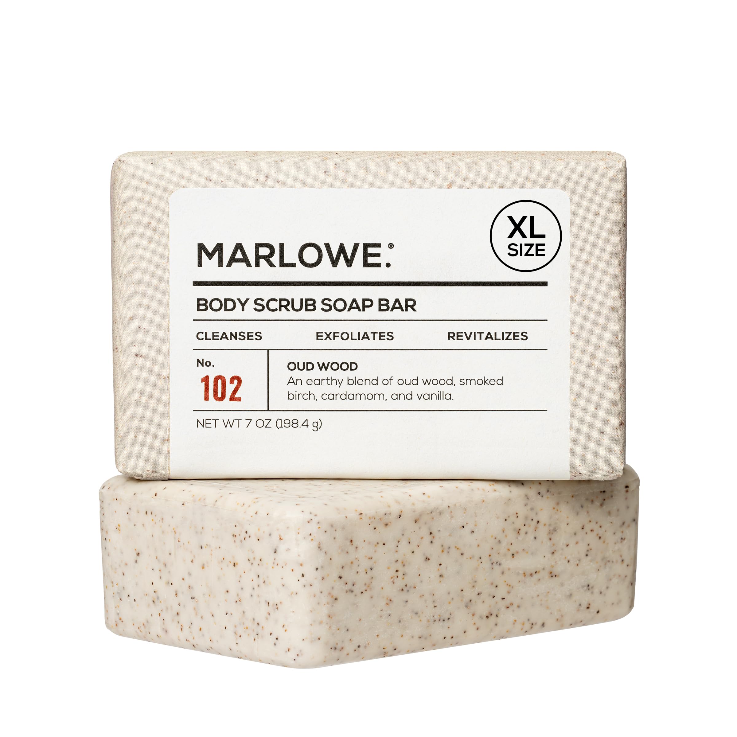 MARLOWE. No. 102 Body Scrub Soap 7 oz, Cedarwood & Sea Salt, Exfoliating Soap Bar with Shea Butter, Olive Oil & Green Tea Extracts, Cleanses, Smooths & Revitalizes Skin, Fresh & Zesty Scent