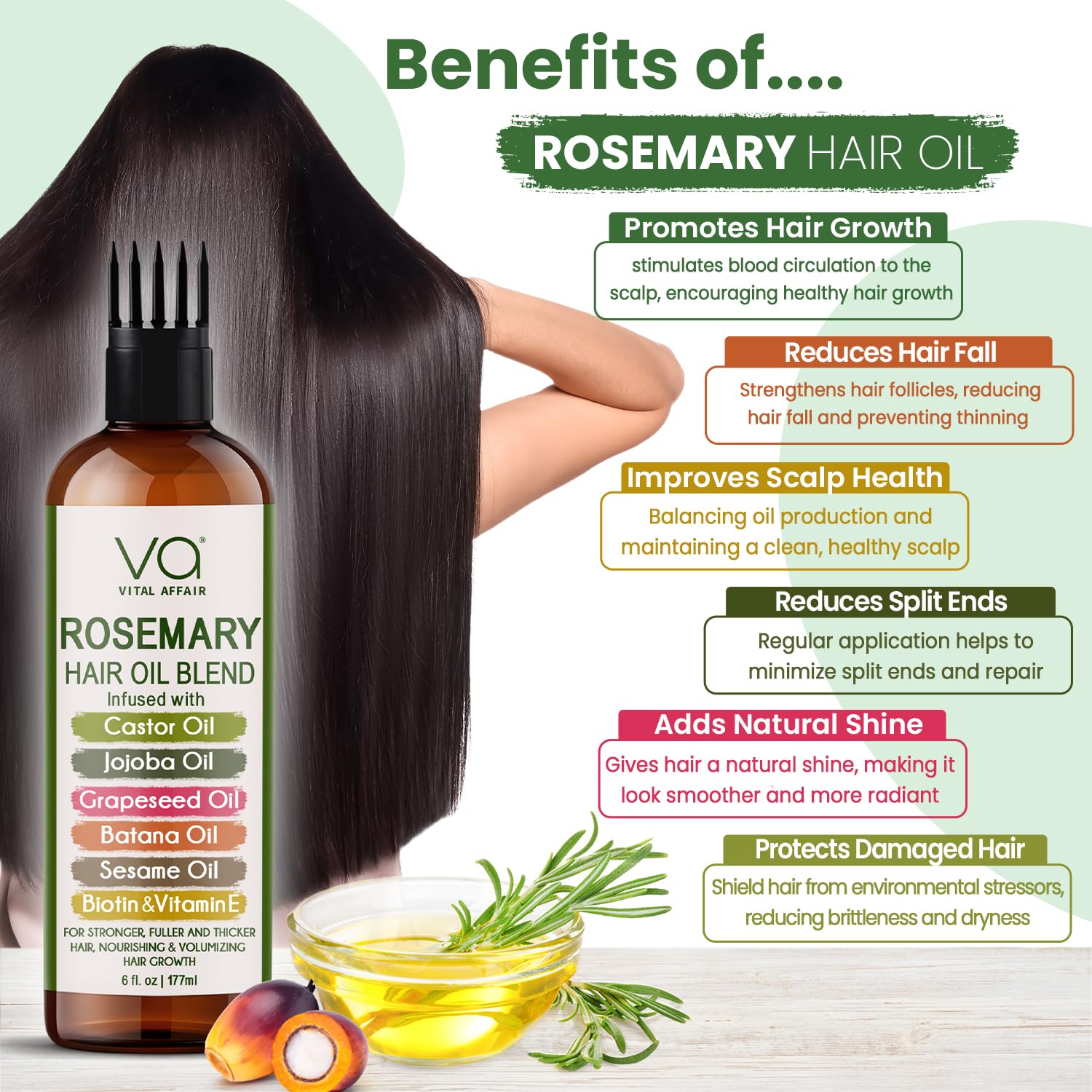 VITAL AFFAIR Blend Of Pure Rosemary Oil For Hair Growth With Castor, Batana, Jojoba Oil-Infused With Biotin & Vitamin E-Blend of Effective Hair Oils for Hair Growth-Strengthening Treatment 6 Fl Oz Halalzen