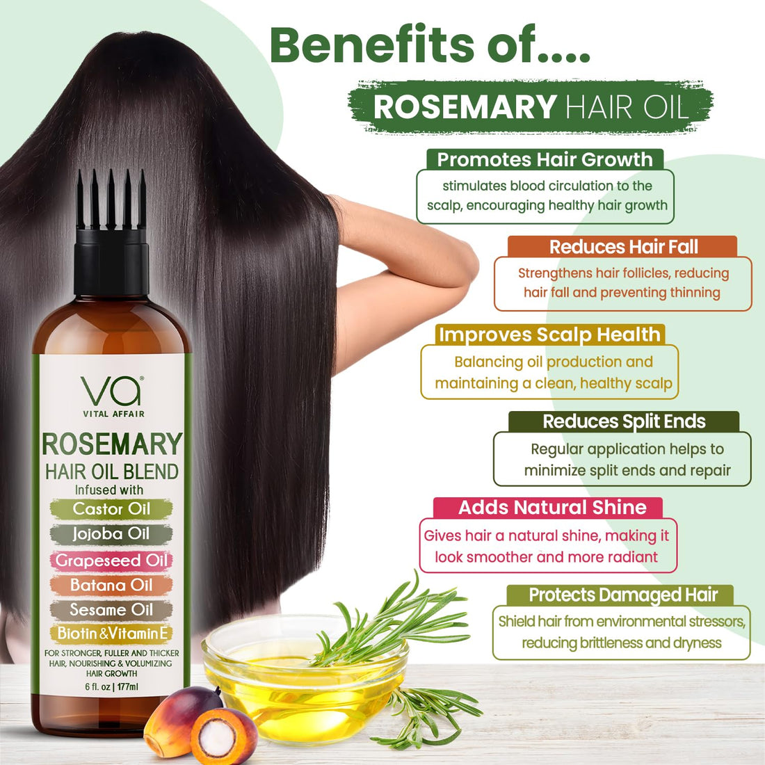 VITAL AFFAIR Blend Of Pure Rosemary Oil For Hair Growth With Castor, Batana, Jojoba Oil-Infused With Biotin & Vitamin E-Blend of Effective Hair Oils for Hair Growth-Strengthening Treatment 6 Fl Oz Halalzen