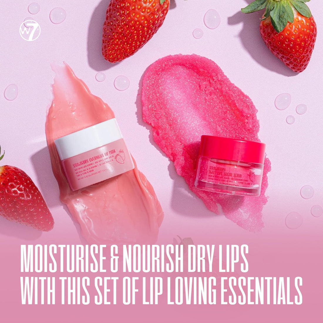 W7 Sweet Dreams Lip Scrub & Overnight Lip Mask Duo - 2 Piece Gift Set - Strawberry Flavour - Exfoliate, Condition, Soothe & Hydrate Halalzen