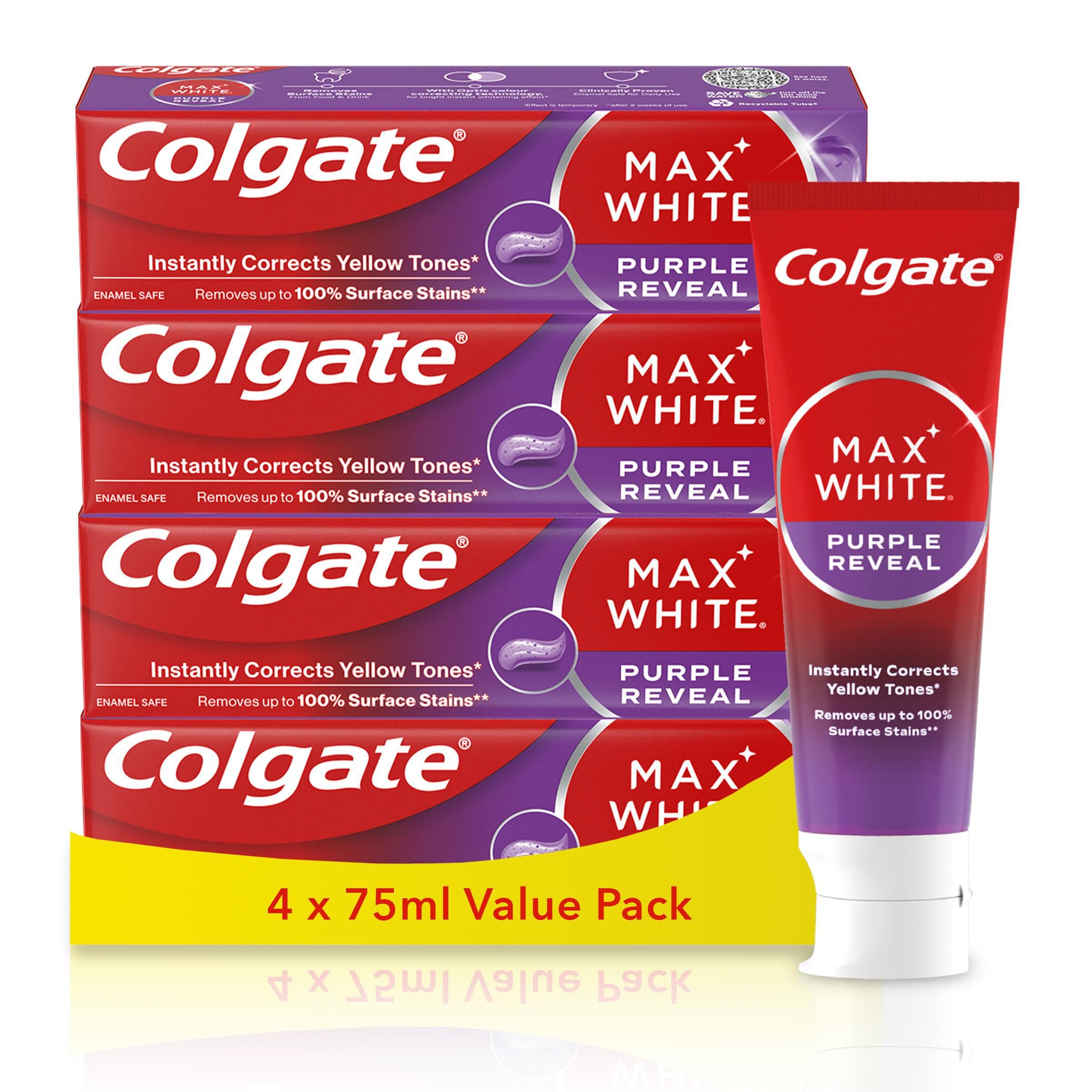 Colgate Max White Optic Toothpaste 4X75ml - Teeth Whitening Toothpaste - Clinically Proven Formula - Removes up to 100% of Surface Stains - Optic Brighteners Instantly Whiten Teeth