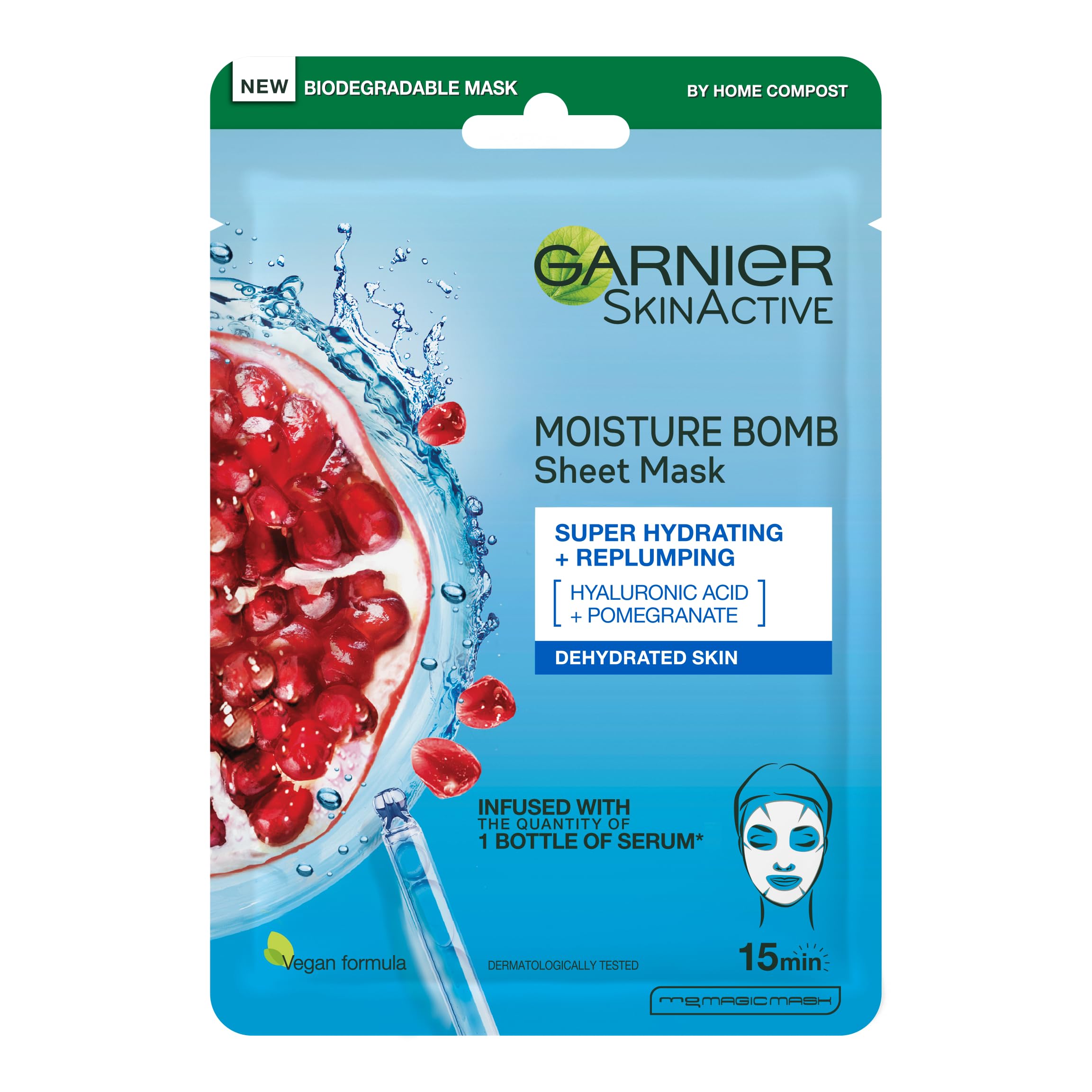 Garnier Moisture Bomb Pomegranate and Hyaluronic Acid Sheet Mask, Super Hydrating & Replumping Face Mask, For Dehydrated Skin, Vegan Tissue Mask, 28g