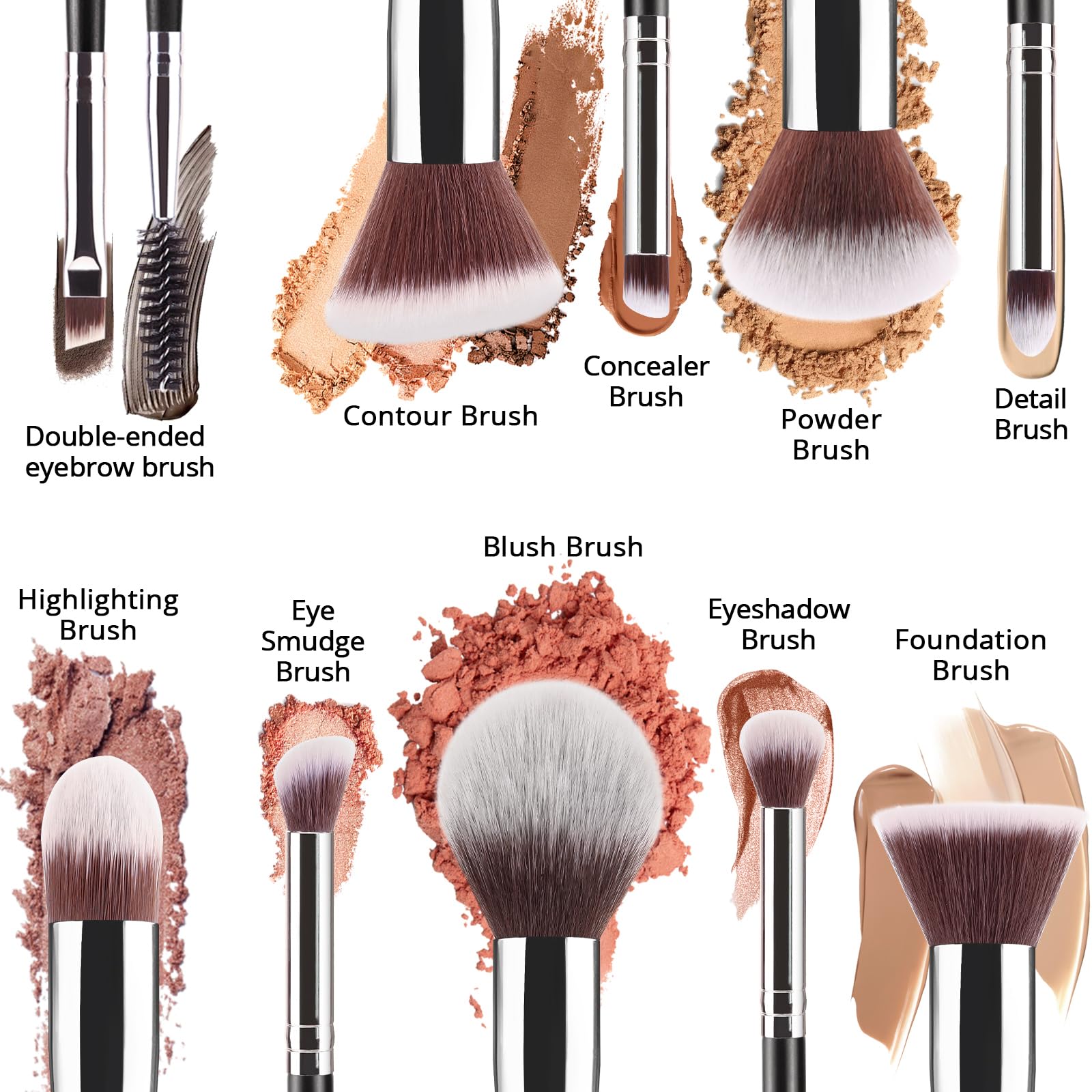 BEAKEY Diversity Makeup Brushes 12 Pcs Makeup Kit, Premium Synthetic Kabuki Foundation Face Powder Concealer Eyeshadow Blush Set, with 2 Pcs Blender Sponges (Black/Silver) Halalzen