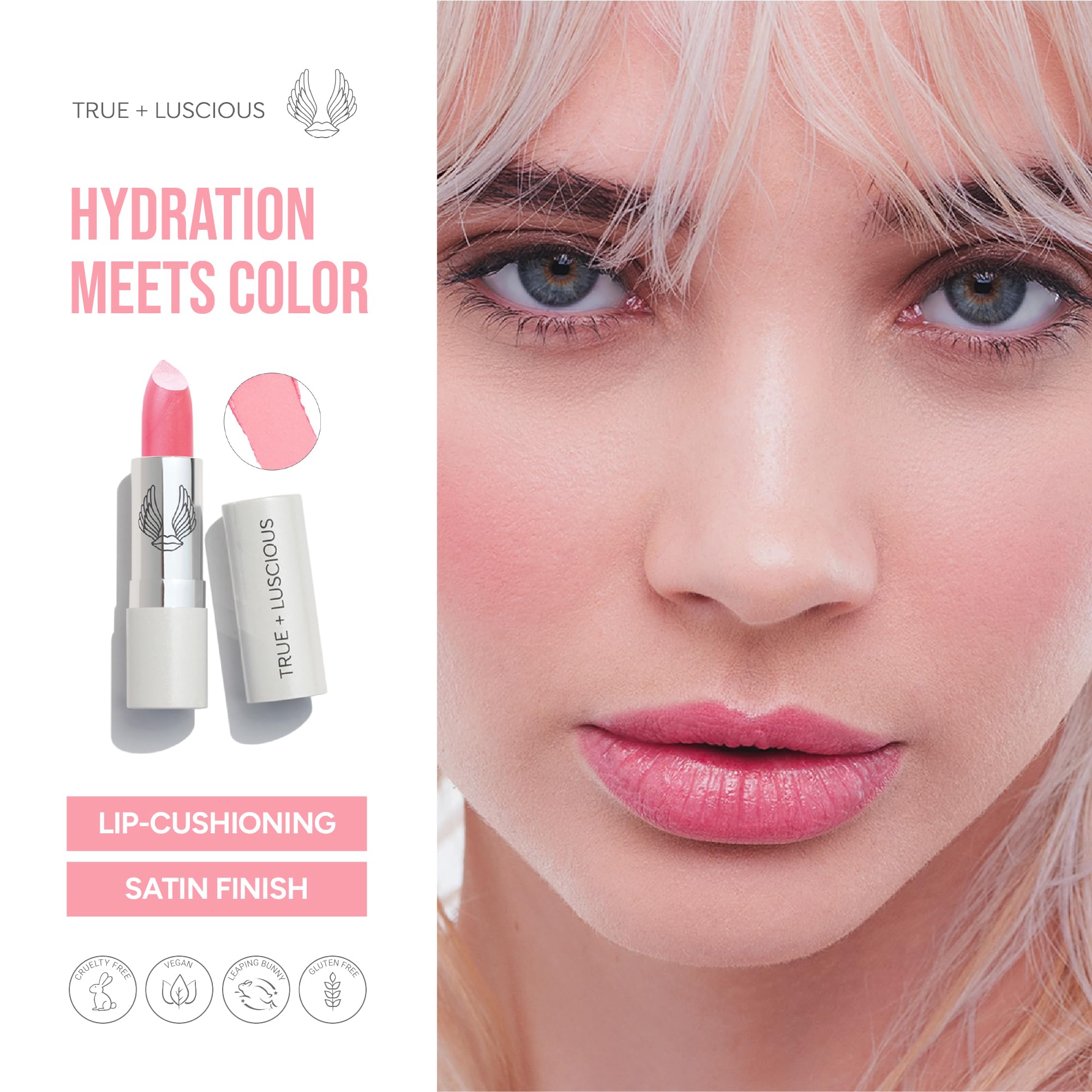 True + Luscious Super Moisture Lipstick | Sheer Cream Lip Color for Lasting Hydration | Hyaluronic Acid Konjac Root Powder | Vegan Cruelty-Free Gluten-Free Flatters All Skin Tones | Pink Sugar