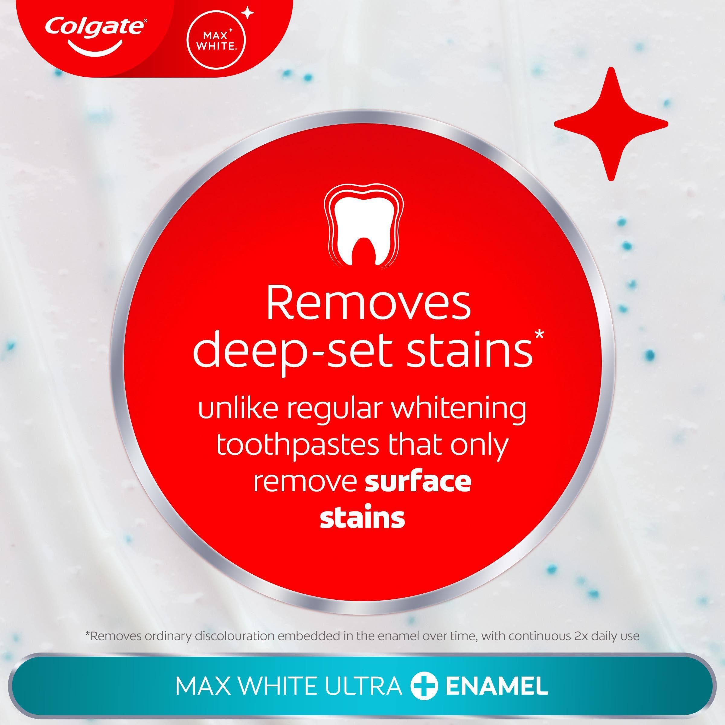 Colgate Max White Ultra+ Enamel Toothpaste 75ml, Whitens Deep Stains for 5X Whiter Teeth, ActiveShine Technology Smoothes Enamel Surface to Reflect Light, Protects and Remineralises Enamel